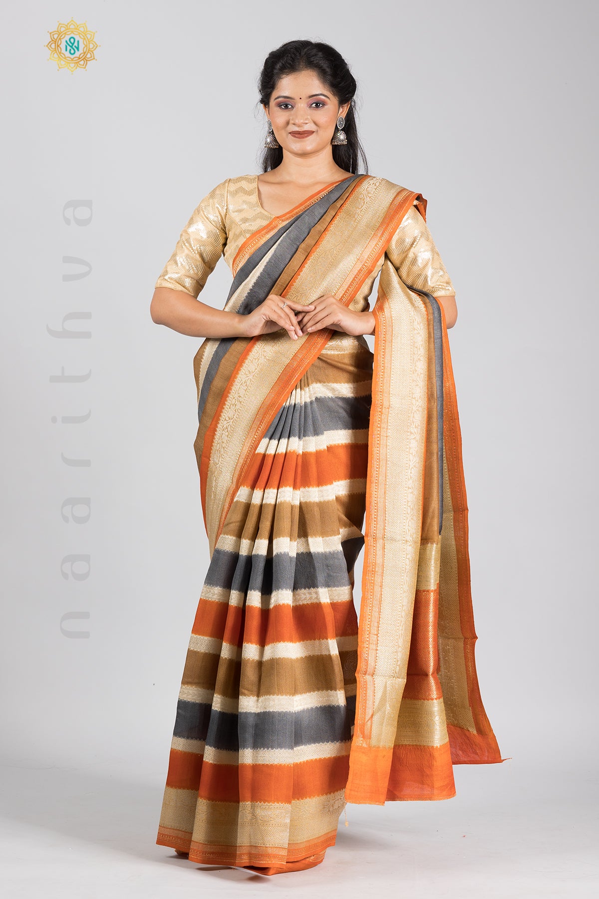 RANGKAAT - PURE TUSSAR SILK IN STRIPES PATTERN WITH ZARI WOVEN CONTRAST BORDER AND WOVEN CONTRAST BLOUSE