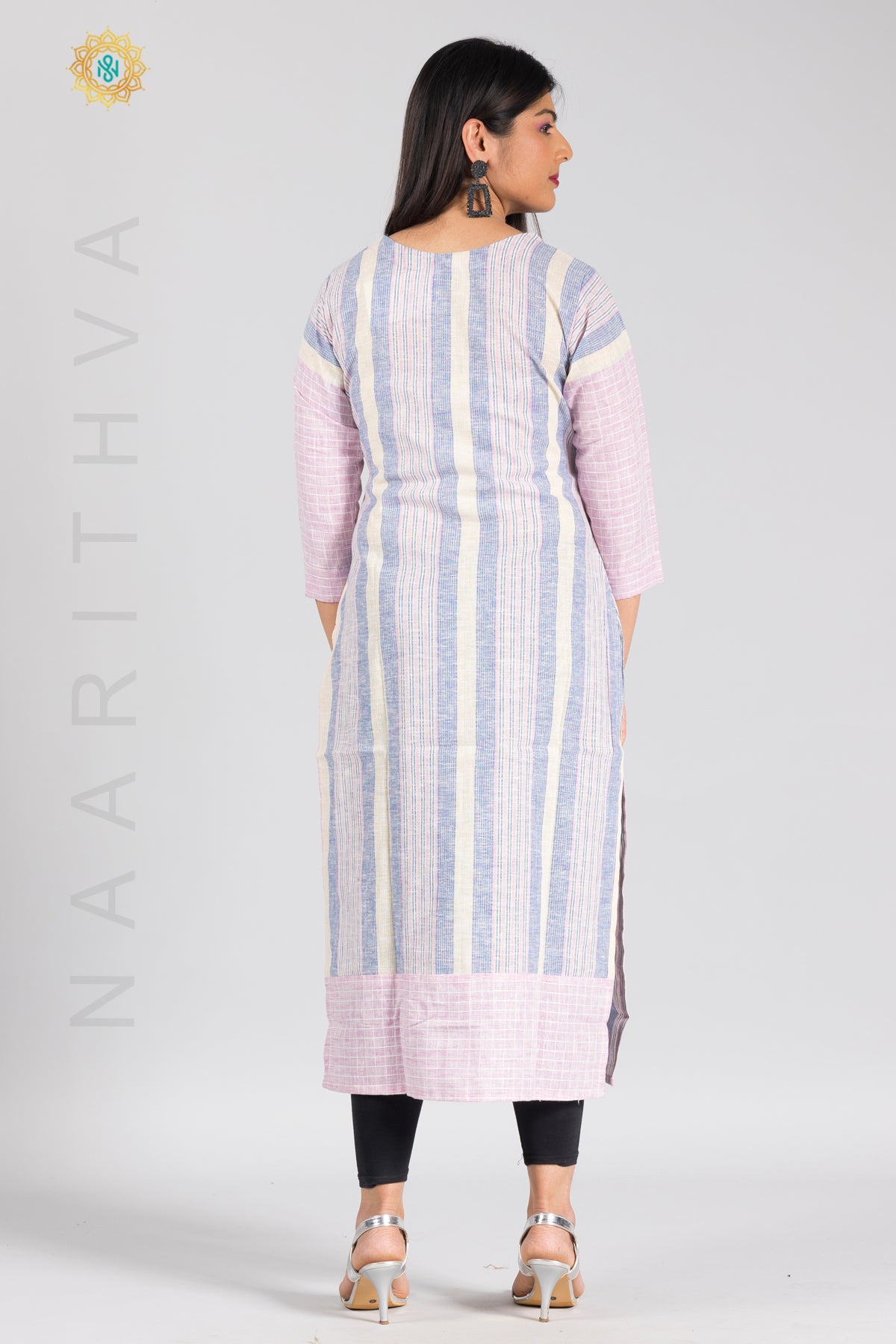 PINK WITH BLUE - COTTON STRAIGHT CUT CASUAL KURTI WITH THREAD EMBROIDERY