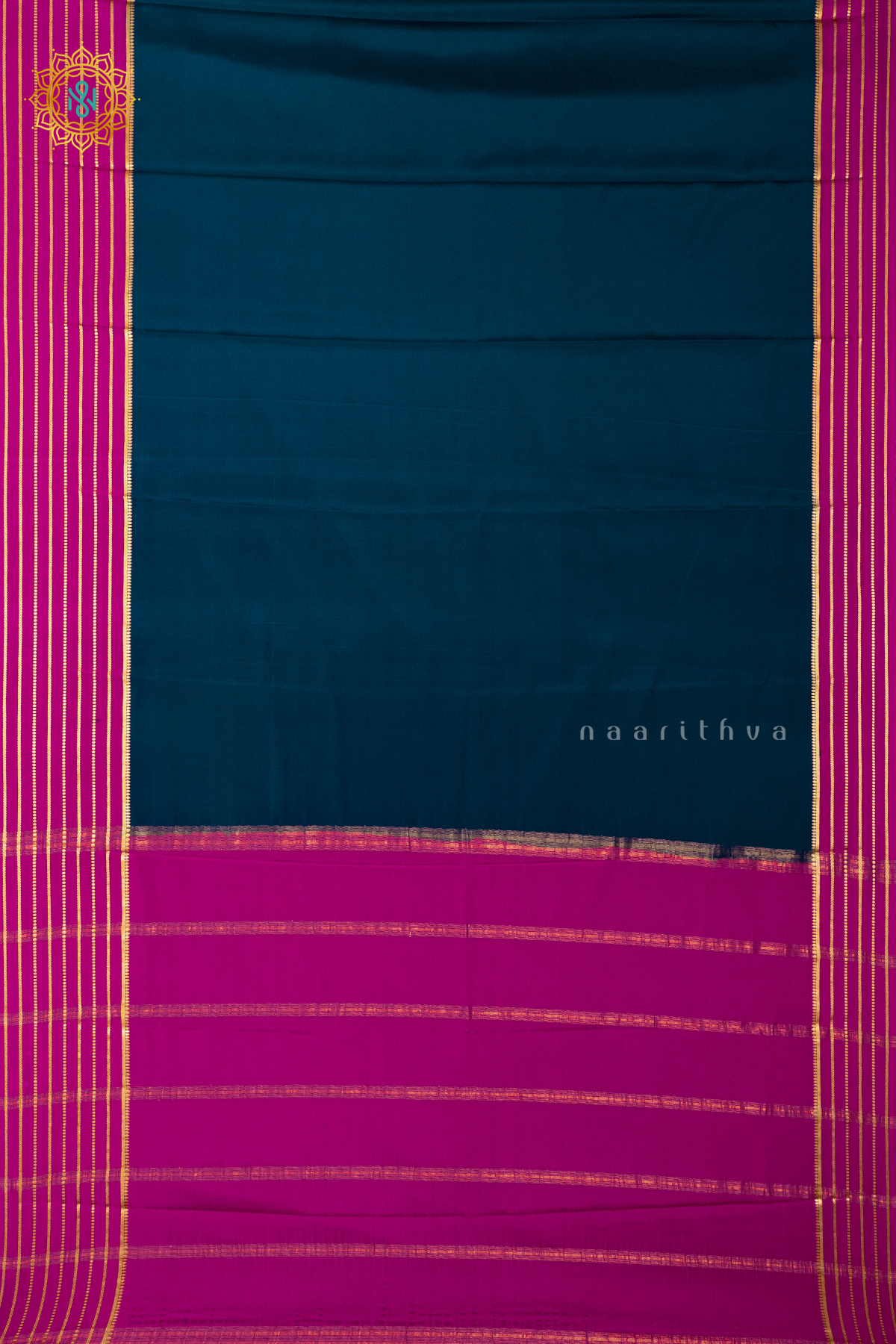 PEACOCK BLUE WITH PINK - PURE MYSORE CREPE SILK