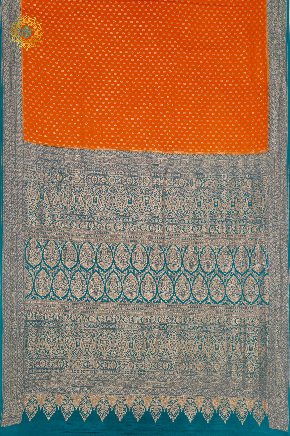 ORANGE WITH CYAN GREEN - PURE BANARASI CREPE SILK