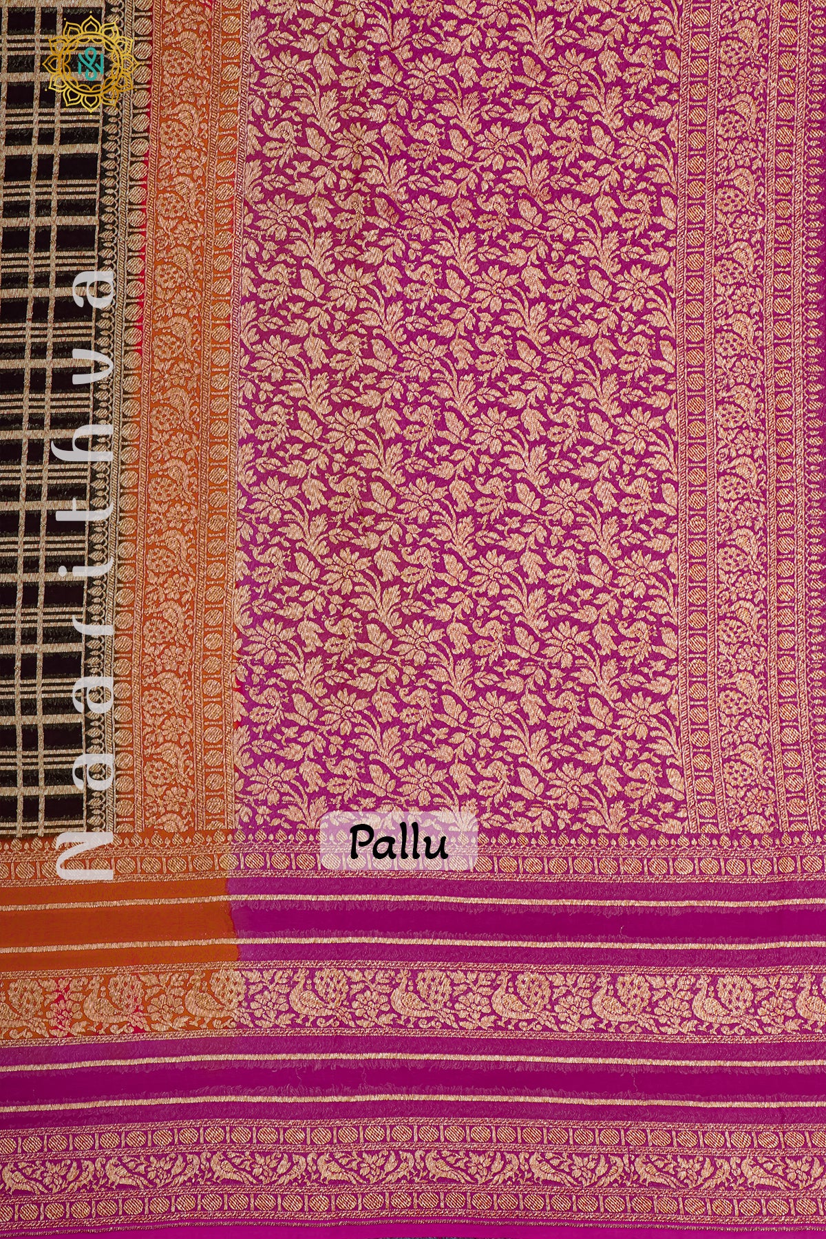 BLACK WITH ORANGE & PINK - PURE HANDLOOM KHADDI GEORGETTE