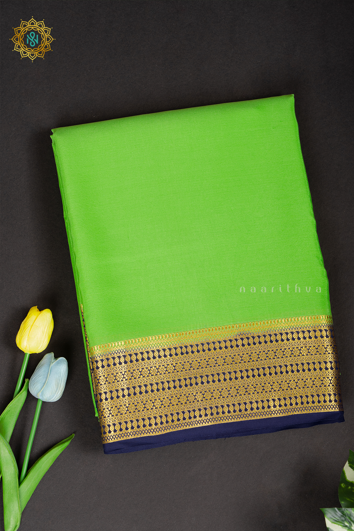 PARROT GREEN WITH NAVY BLUE - PURE MYSORE CREPE SILK