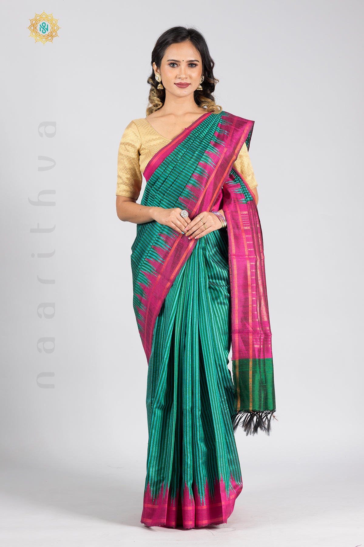 GREEN WITH PINK - PURE TUSSAR SILK WITH TEMPLE BORDER & CONTRAST BLOUSE