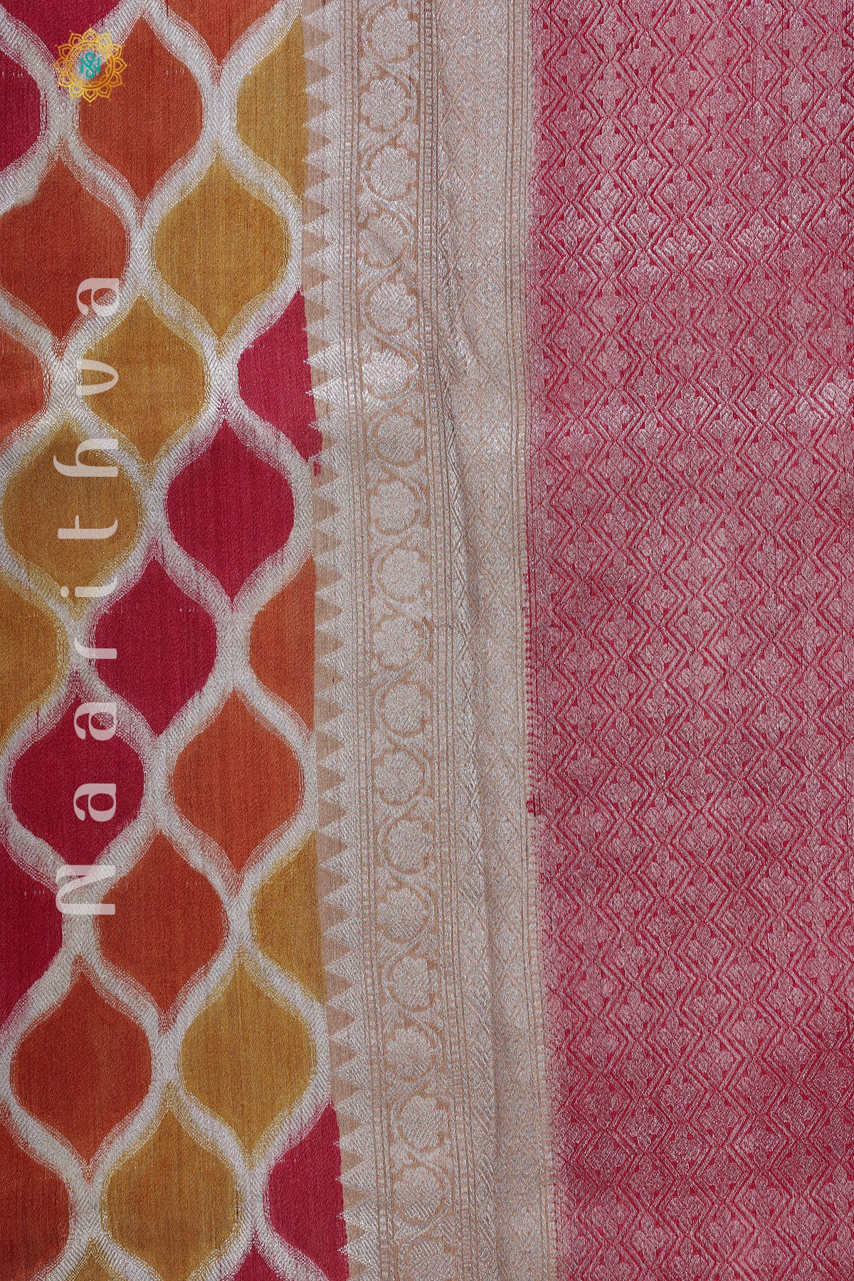 YELLOW WITH PINK & ORANGE - PURE HANDLOOM TUSSAR SILK