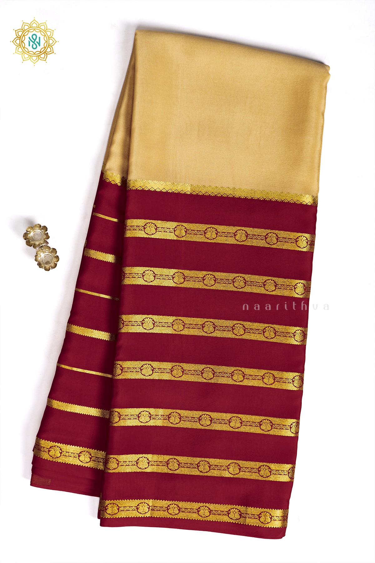 LIGHT BISCUIT WITH RED - PURE MYSORE CREPE SILK