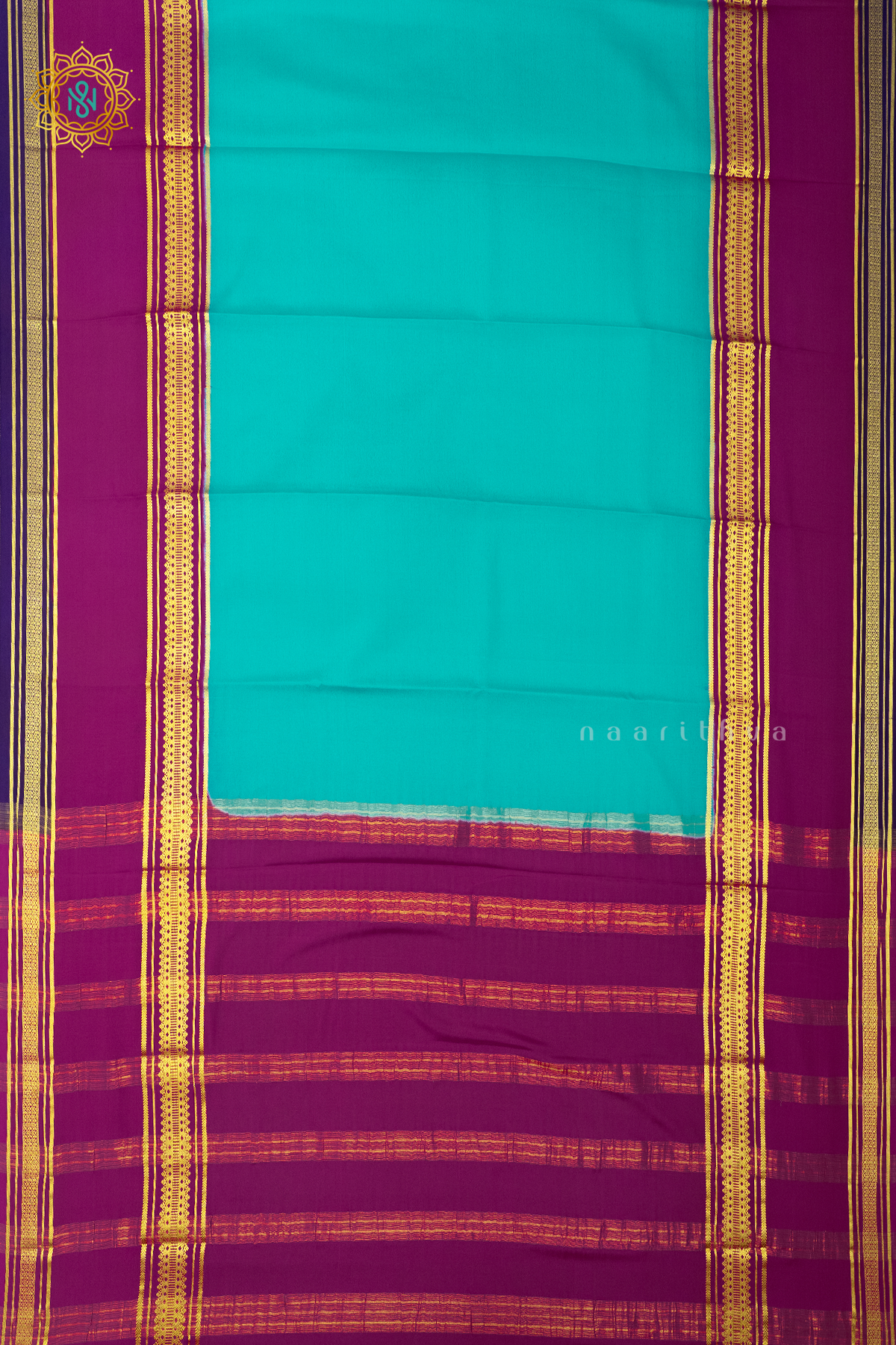 AQUA BLUE WITH PINK & BLUE - PURE MYSORE CREPE SILK