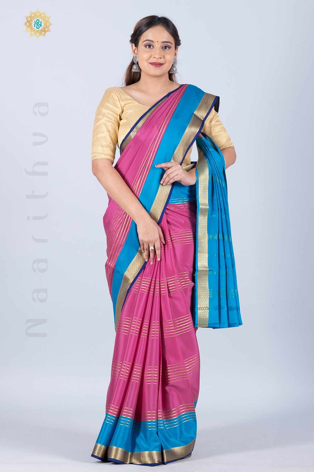 PINK WITH BLUE - PURE MYSORE CREPE SILK WITH GOLD ZARI IN 3D PATTERN