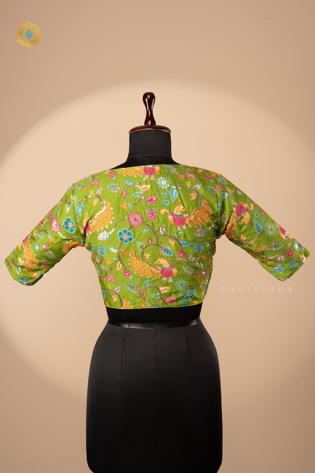PARROT GREEN - DOLA SILK READYMADE BLOUSE WITH POSITION PRINTS & AARI WORK