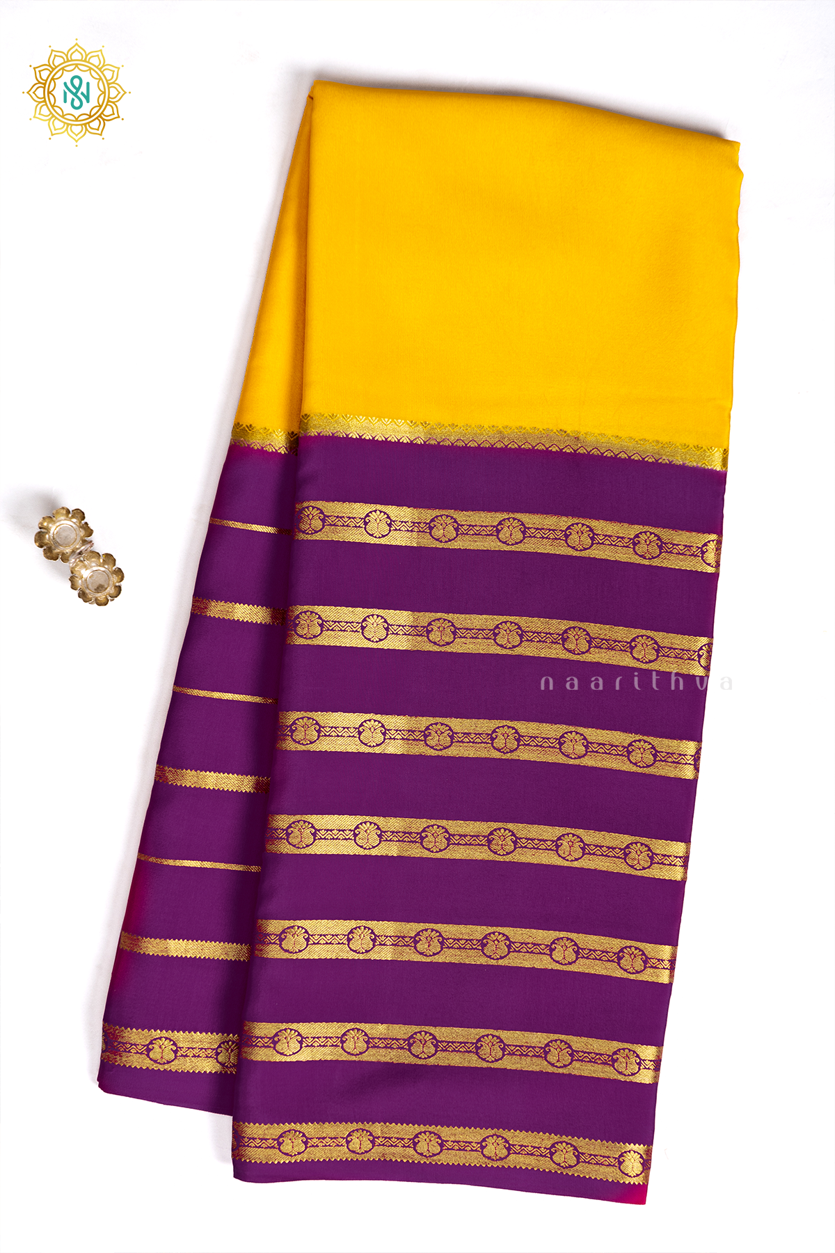 YELLOW WITH PURPLE - PURE MYSORE CREPE SILK