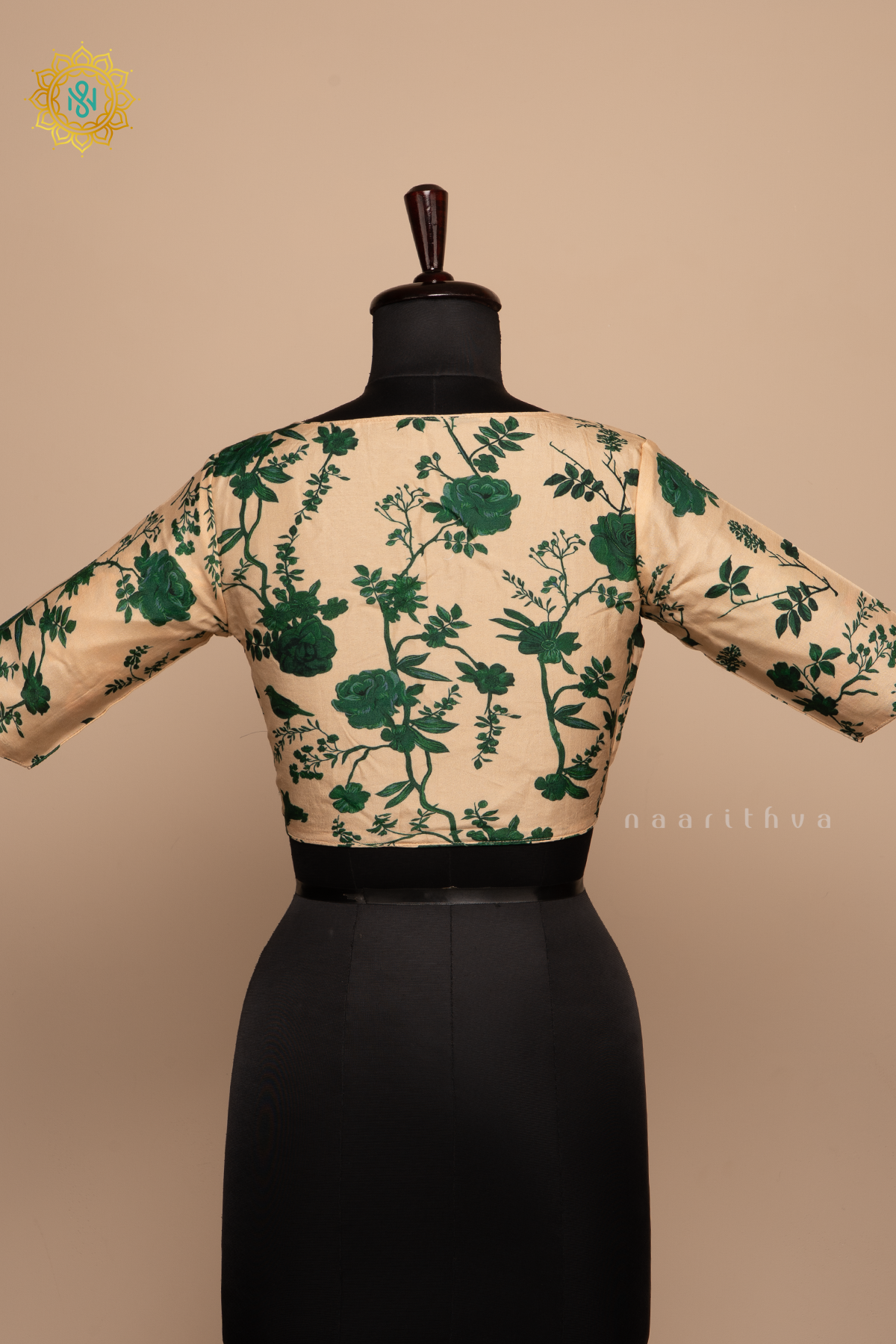Beige With Green - Dola Silk Readymade Blouse With Floral Prints