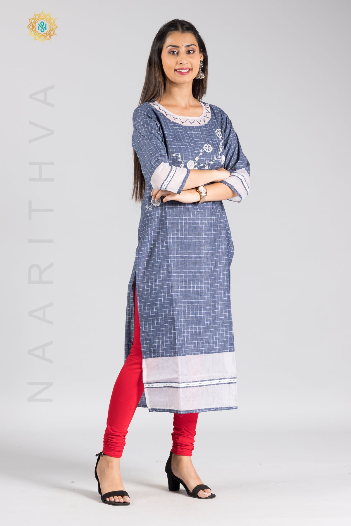 BLUE - COTTON STRAIGHT CUT CASUAL KURTI WITH THREAD EMBROIDERY