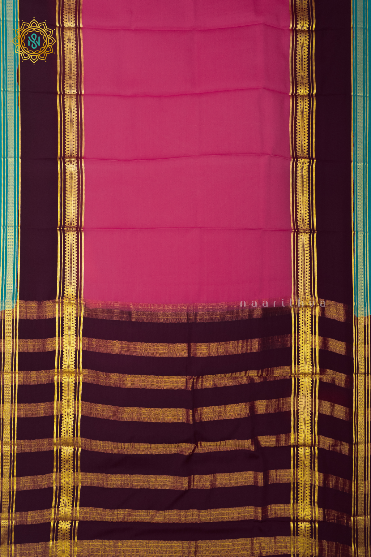 PEACHISH PINK WITH DEEP WINE & AQUA BLUE - PURE MYSORE CREPE SILK