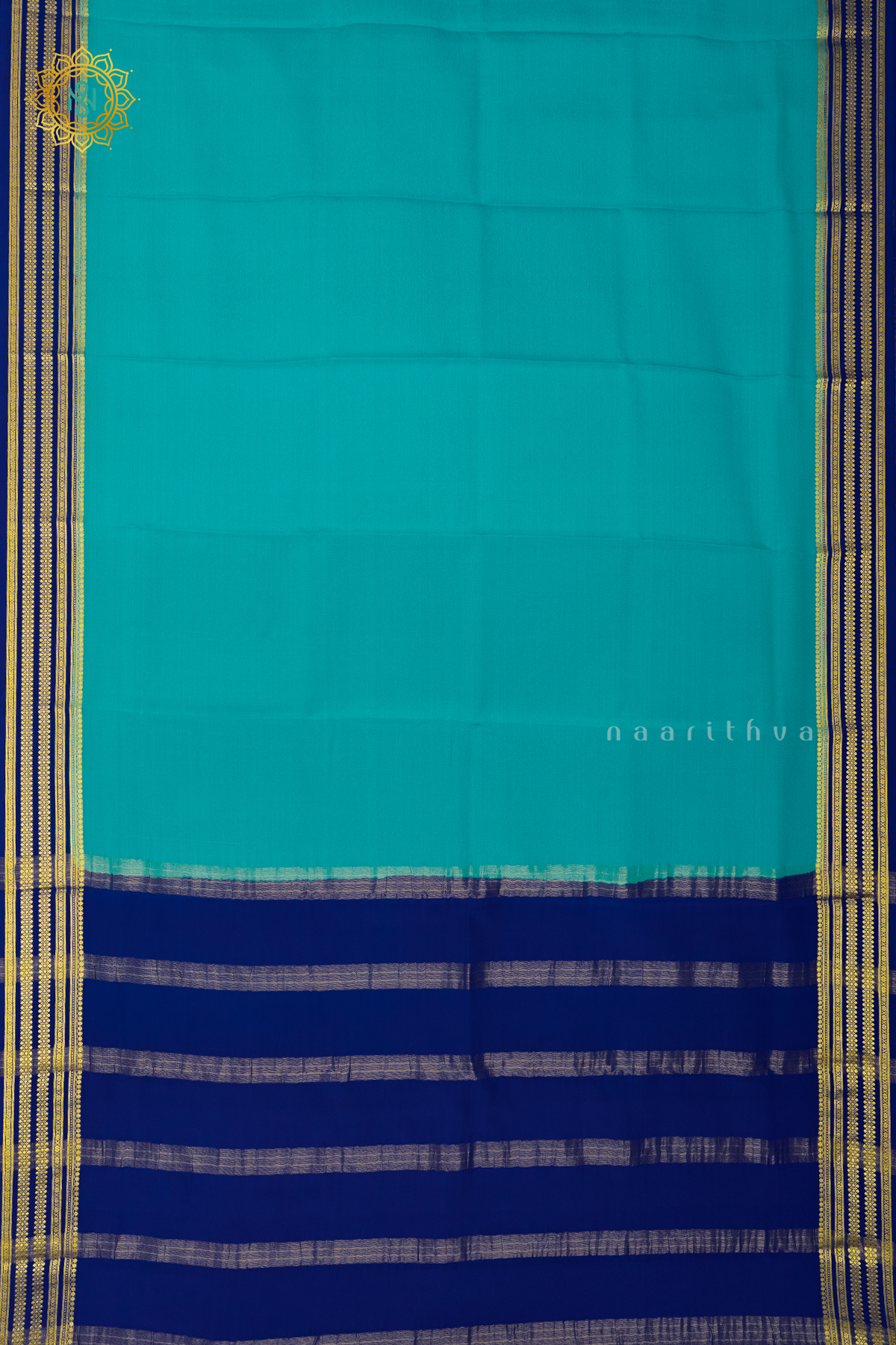 AQUA BLUE WITH ROYAL BLUE - PURE MYSORE CREPE SILK