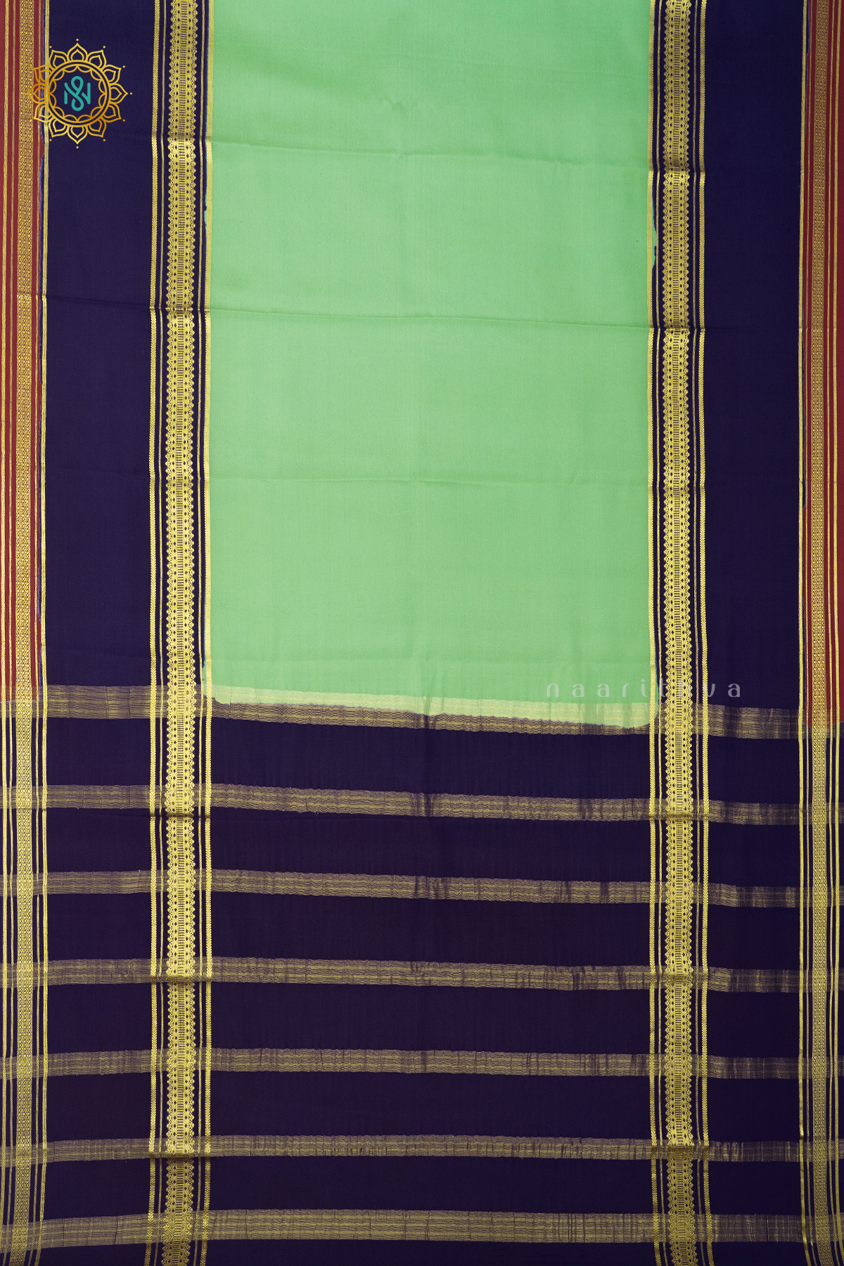 AQUA GREEN WITH NAVY BLUE & MAROON - PURE MYSORE CREPE SILK