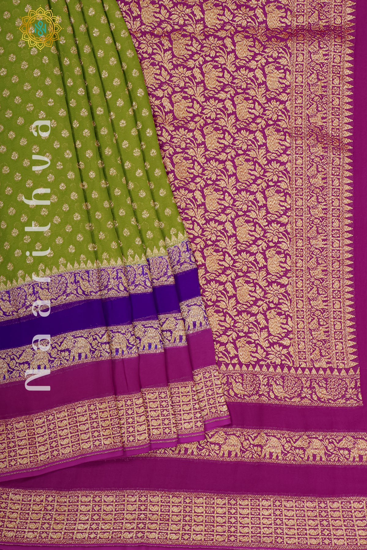 PARROT GREEN WITH PURPLE & PINK - PURE HANDLOOM KHADDI GEORGETTE BANARAS