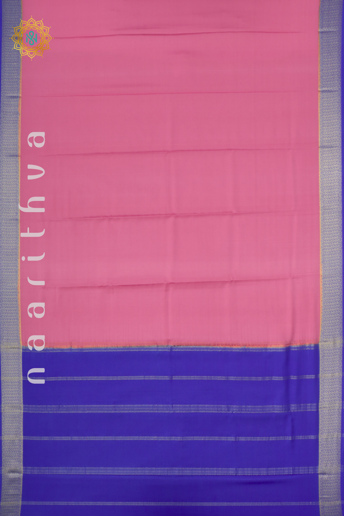 PEACHISH PINK WITH ROYAL BLUE - PURE MYSORE CREPE SILK