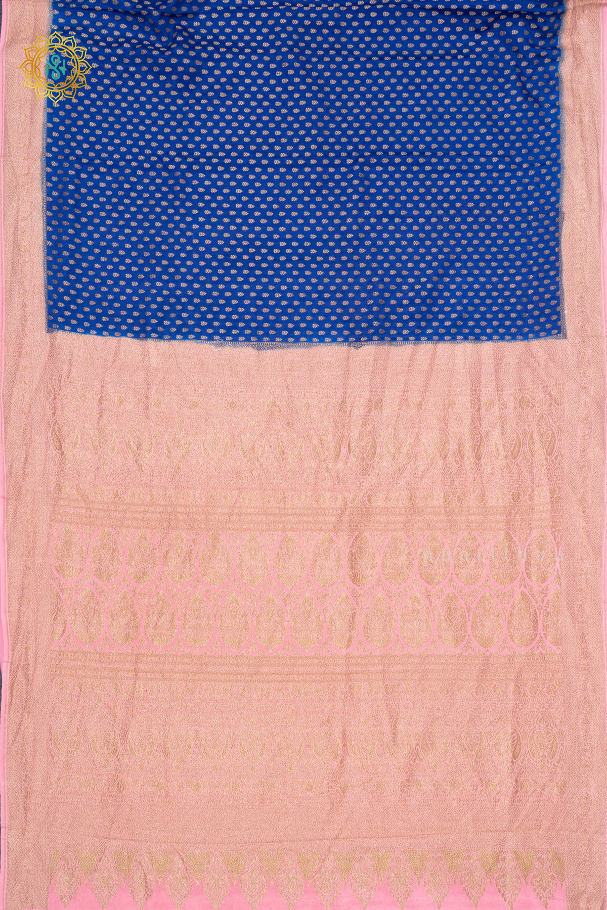 ROYAL BLUE WITH LIGHT PINK - PURE BANRASI CREPE SILK