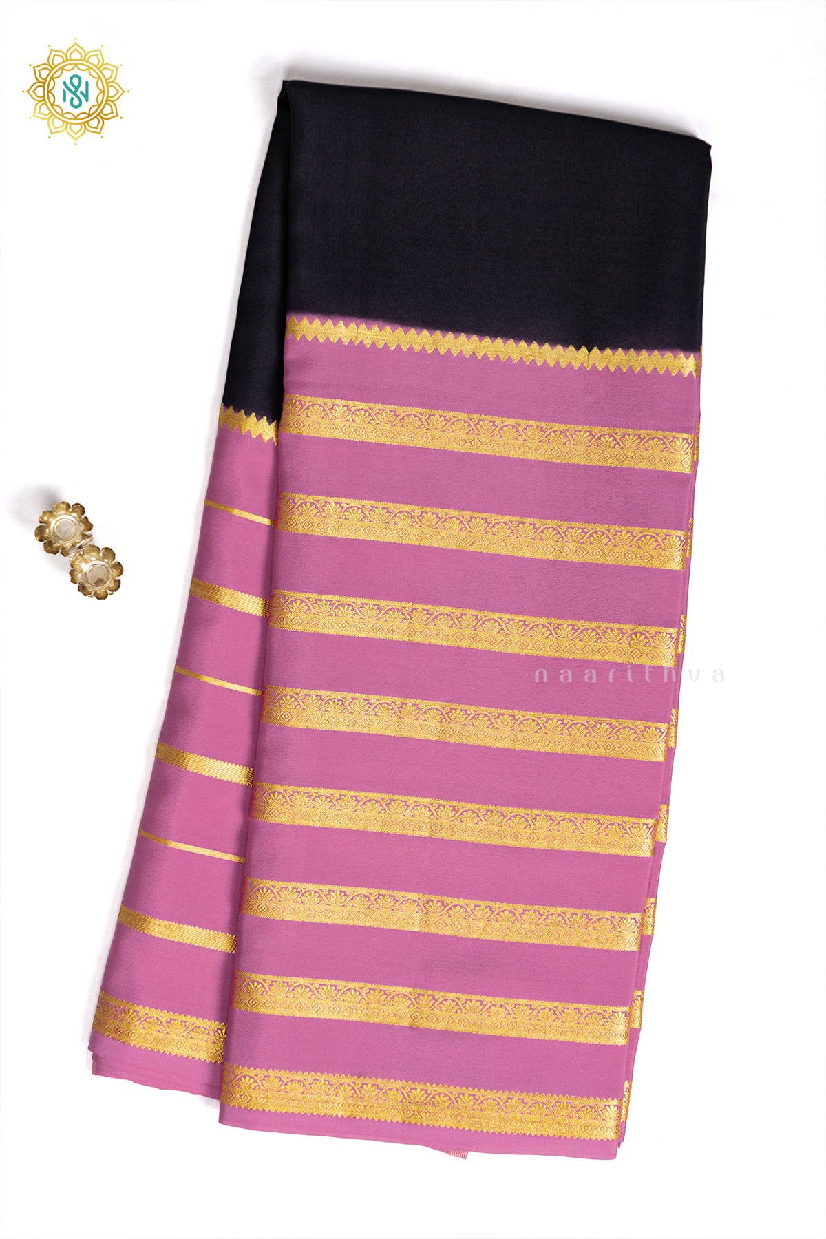 BLACK WITH PEACHISH PINK - PURE MYSORE CREPE SILK