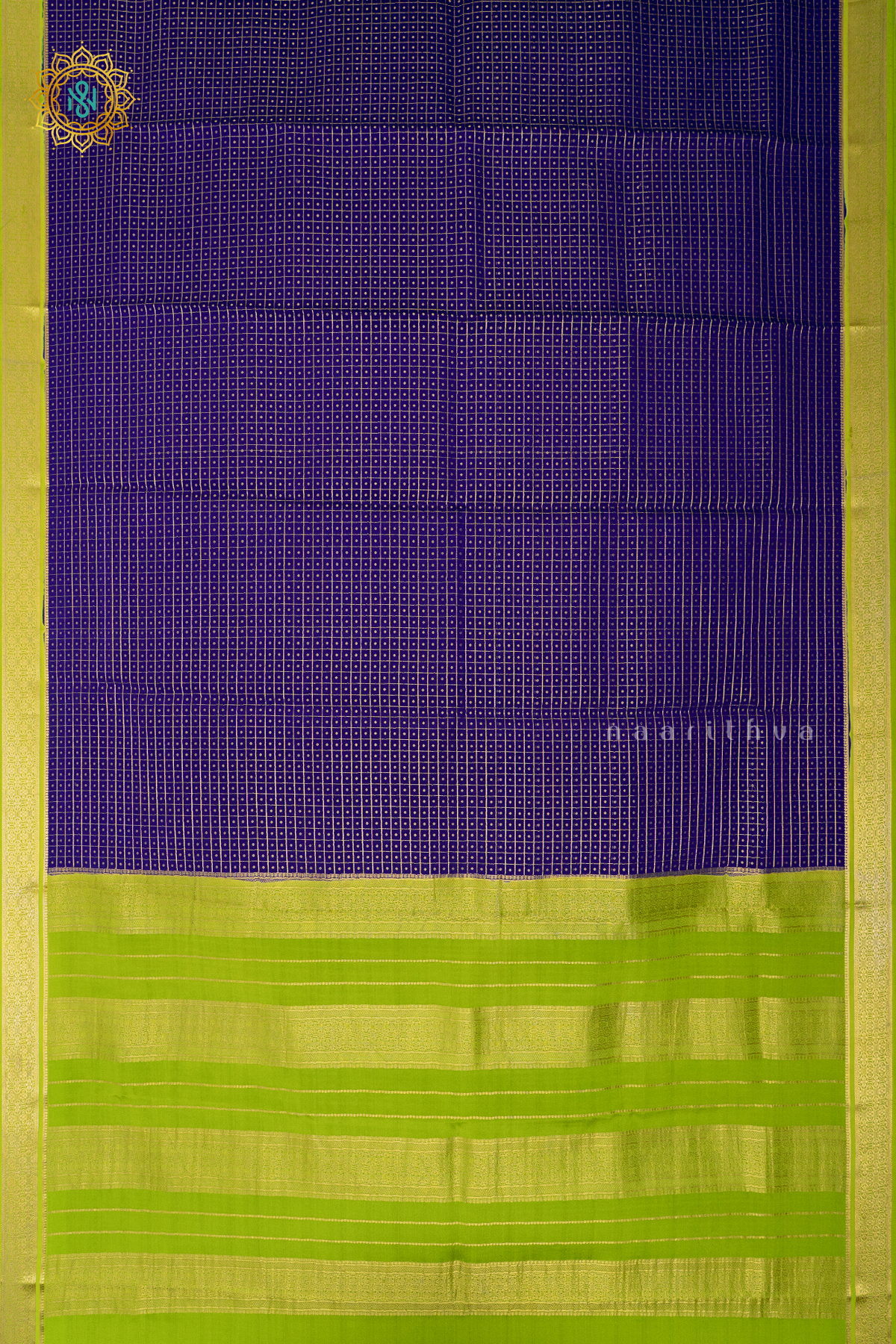 ROYAL BLUE WITH PARROT GREEN - PURE MYSORE CREPE SILK