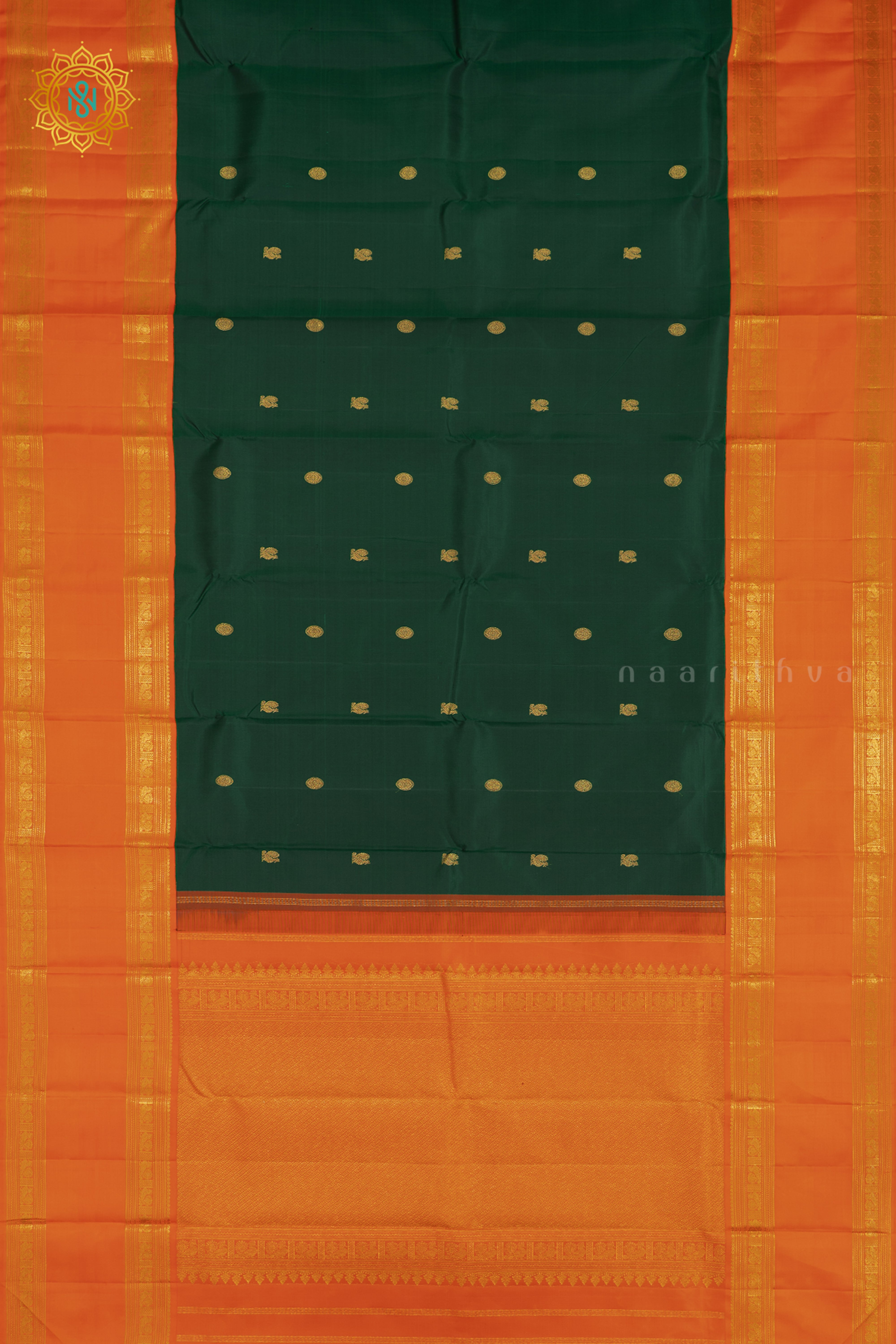 BOTTLE GREEN WITH ORANGE - PURE KANJIVARAM SILK