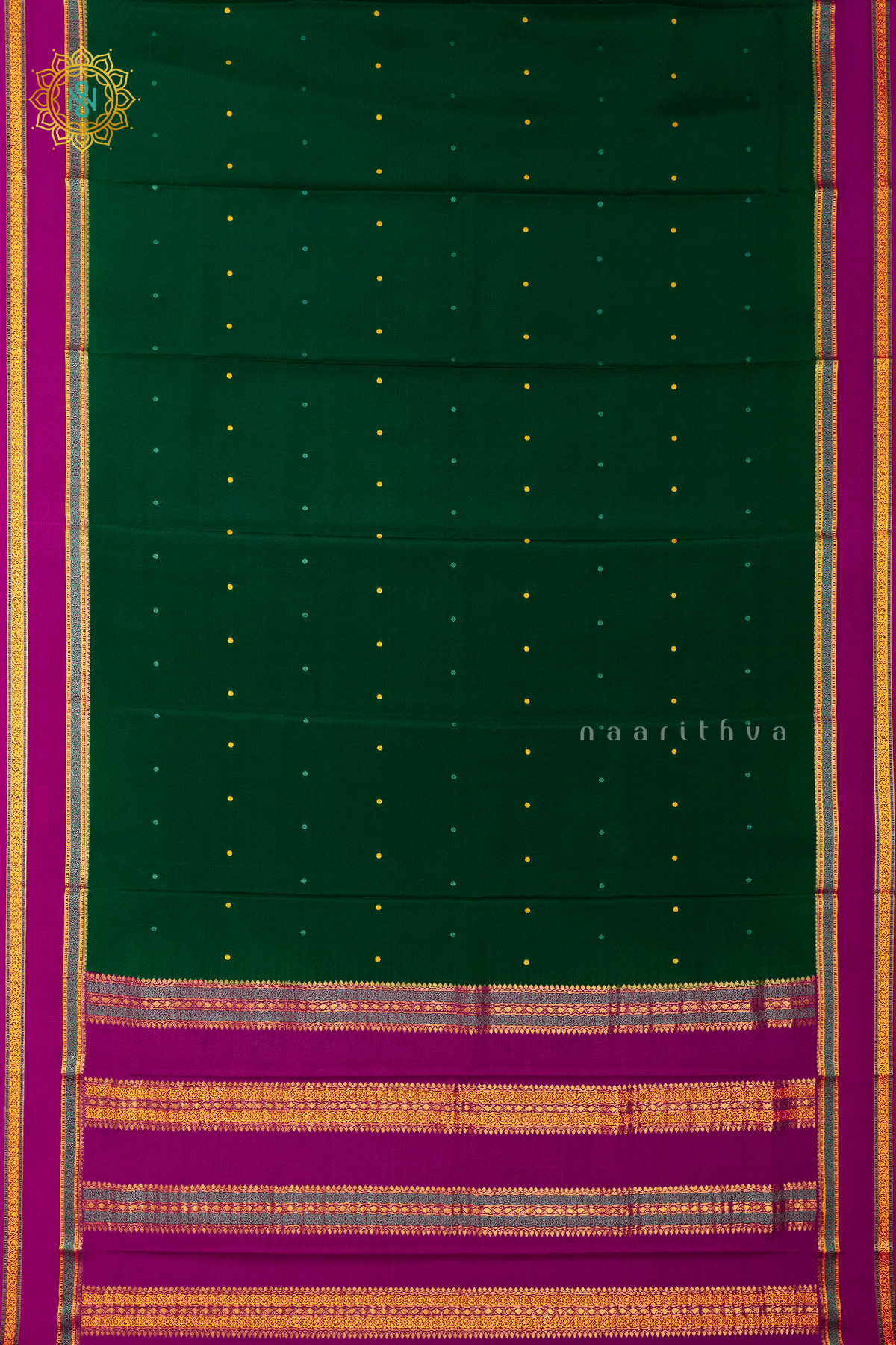 BOTTLE GREEN WITH PINK - PURE MYSORE CREPE SILK