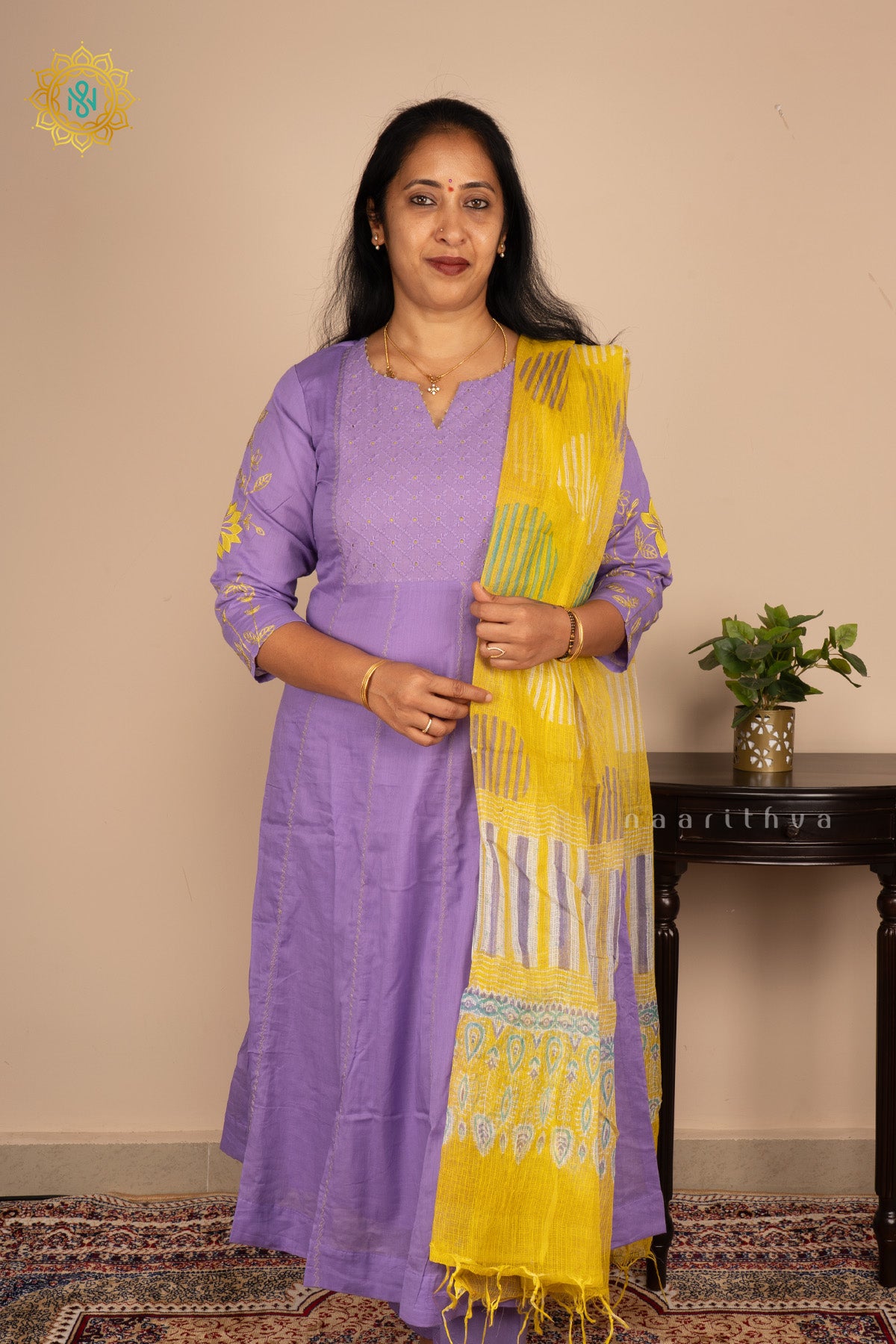 Lavender with Yellow Mul Chanderi 3Pc Salwar Suit With Kota Cotton Dupatta