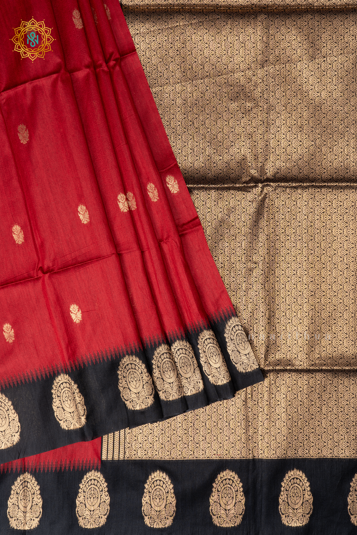 Red With Black Semi Raw Silk Saree Zari Buttas On The Body With Contrast Zari Border & Pallu