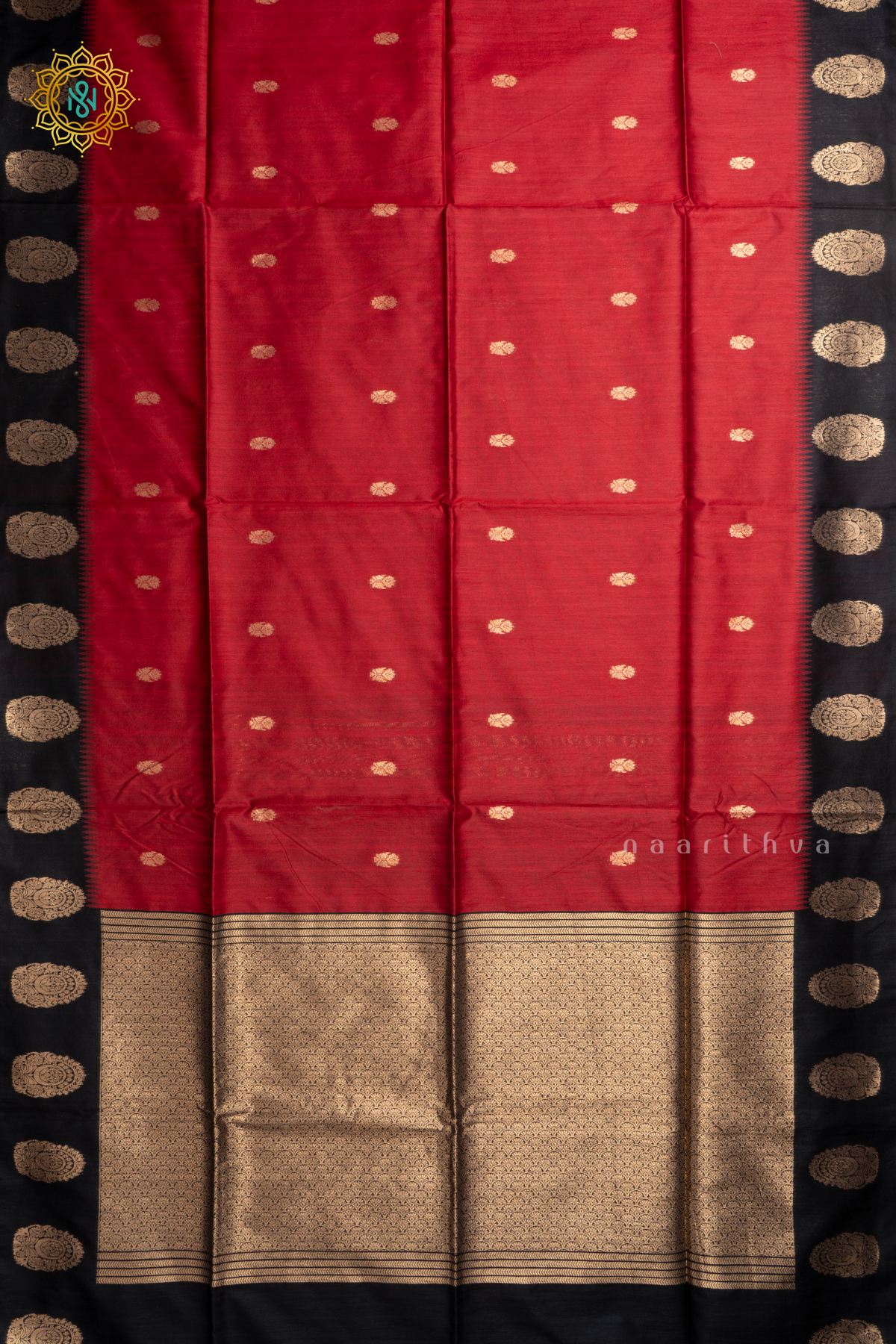 Red With Black Semi Raw Silk Saree Zari Buttas On The Body With Contrast Zari Border & Pallu