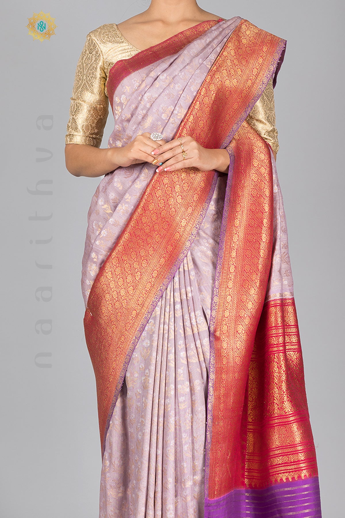 LAVENDER WITH RED - PURE HANDLOOM TUSSAR GEORGETTE WITH ZARI WEAVES & CONTRAST BORDER