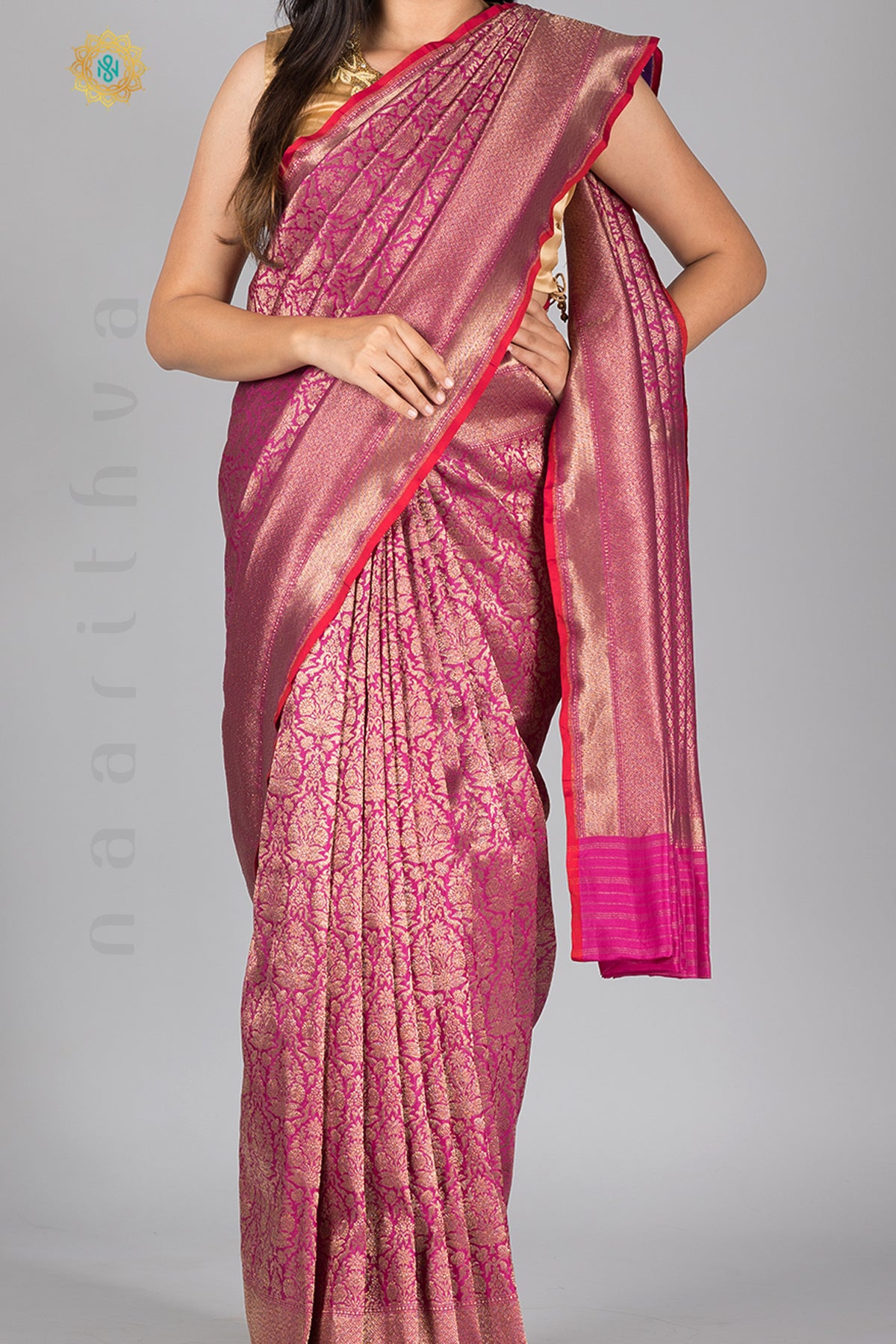PINK WITH RED - PURE HANDLOOM KATAN SILK WITH ANTIQUE ZARI WEAVES & CONTRAST BLOUSE