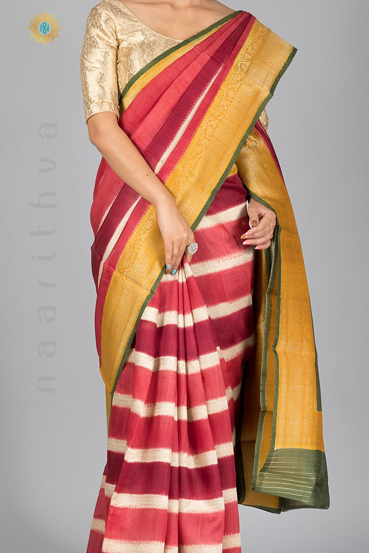 RANGKAAT - PURE TUSSAR SILK IN STRIPES PATTERN WITH ZARI WOVEN CONTRAST BORDER & WOVEN CONTRAST BLOUSE