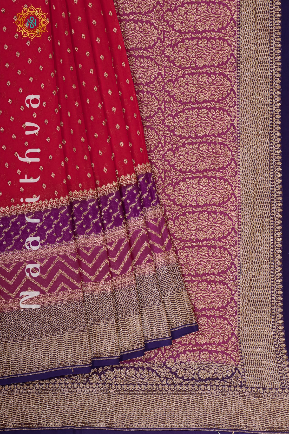 RED WITH PURPLE, PINK & NAVY BLUE - PURE HANDLOOM KHADDI GEORGETTE