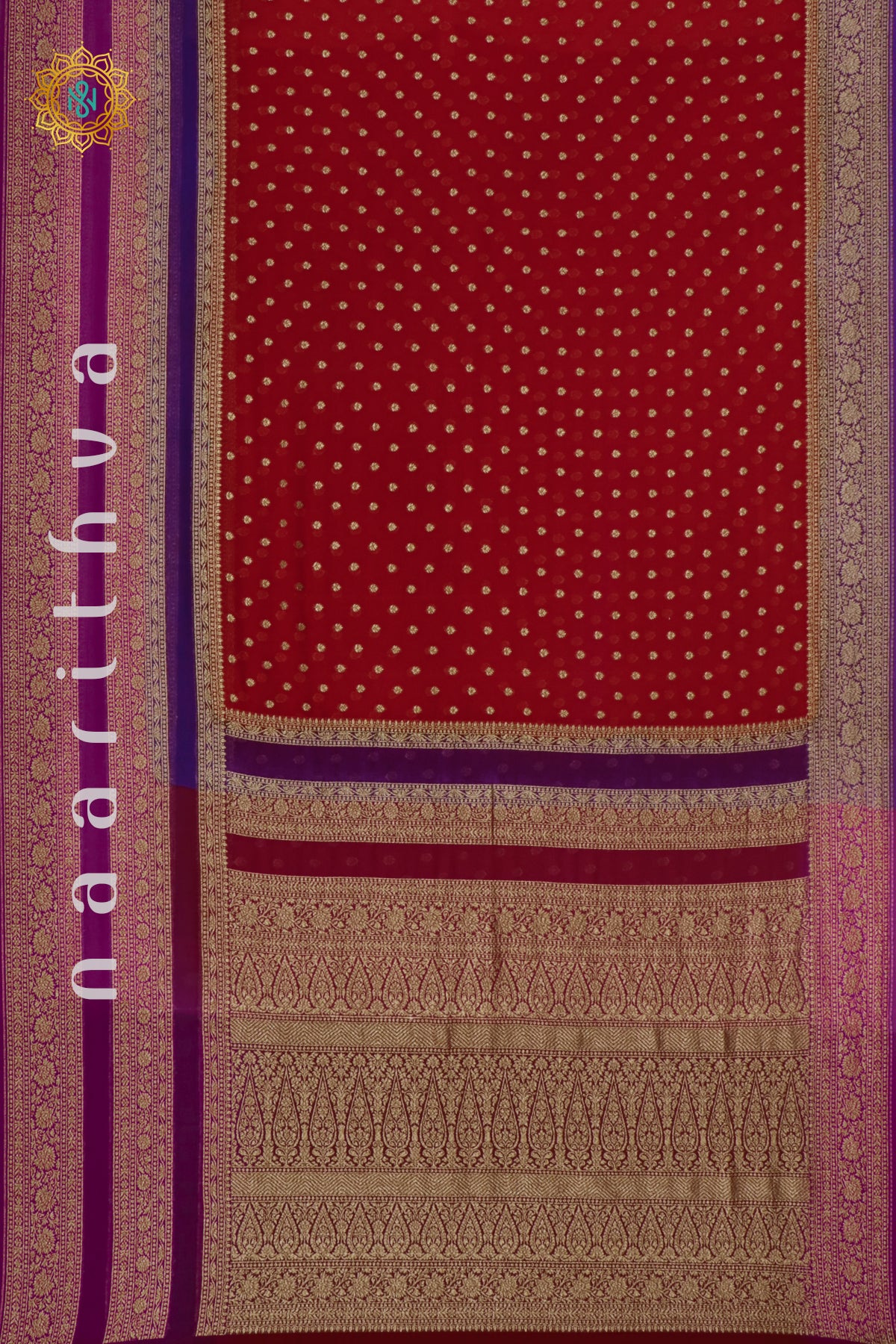 RED WITH BLUE, MAGENTA & WINE - PURE HANDLOOM KHADDI GEORGETTE BANARAS