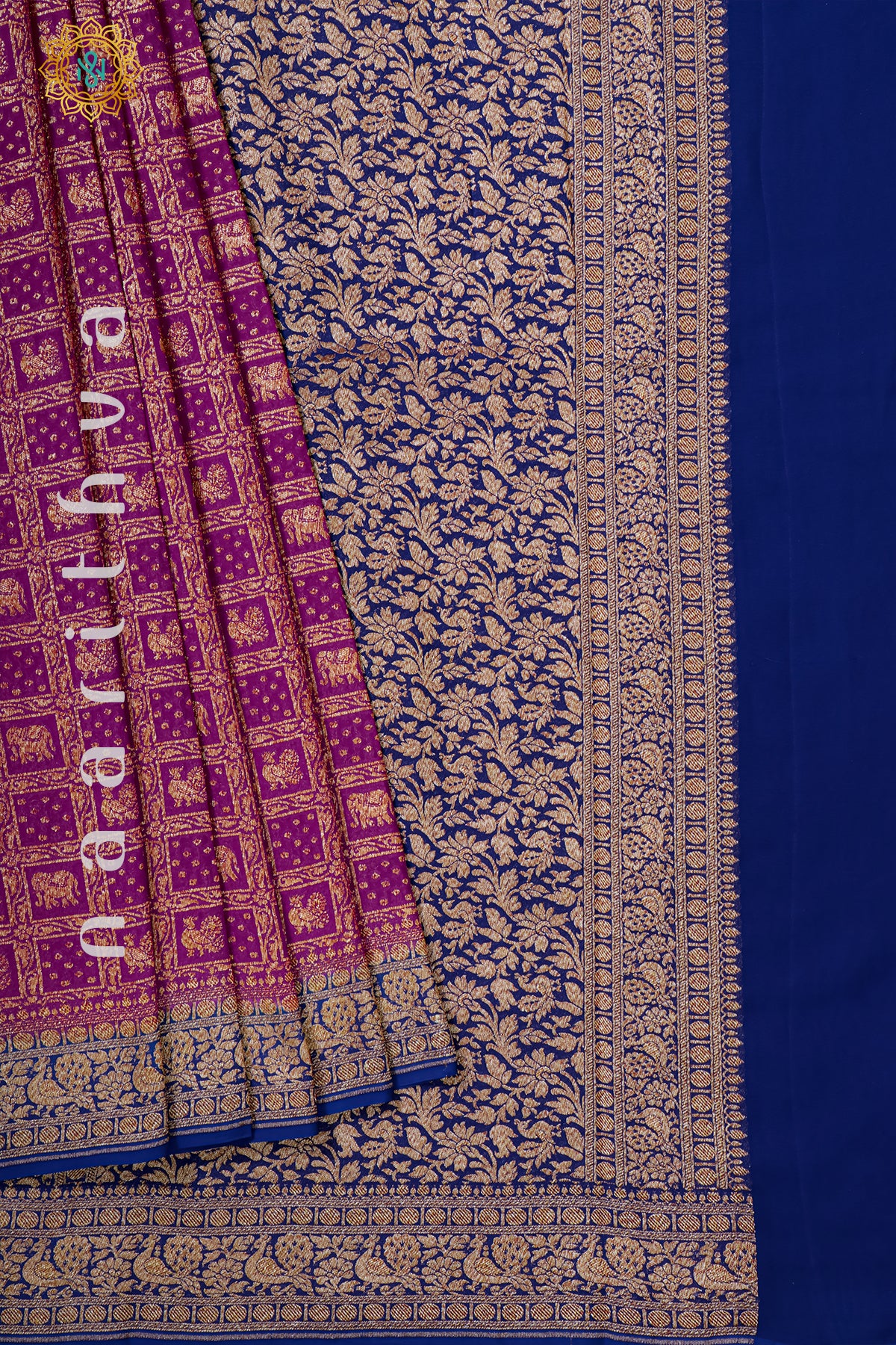 PINK WITH ROYAL BLUE - PURE HANDLOOM KHADDI GEORGETTE BANARAS