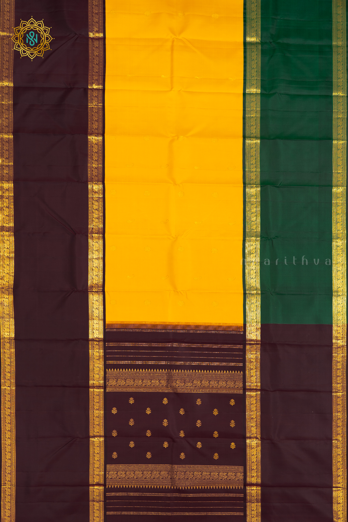 YELLOW WITH GREEN & MAROON - PURE KANJIVARAM SILK