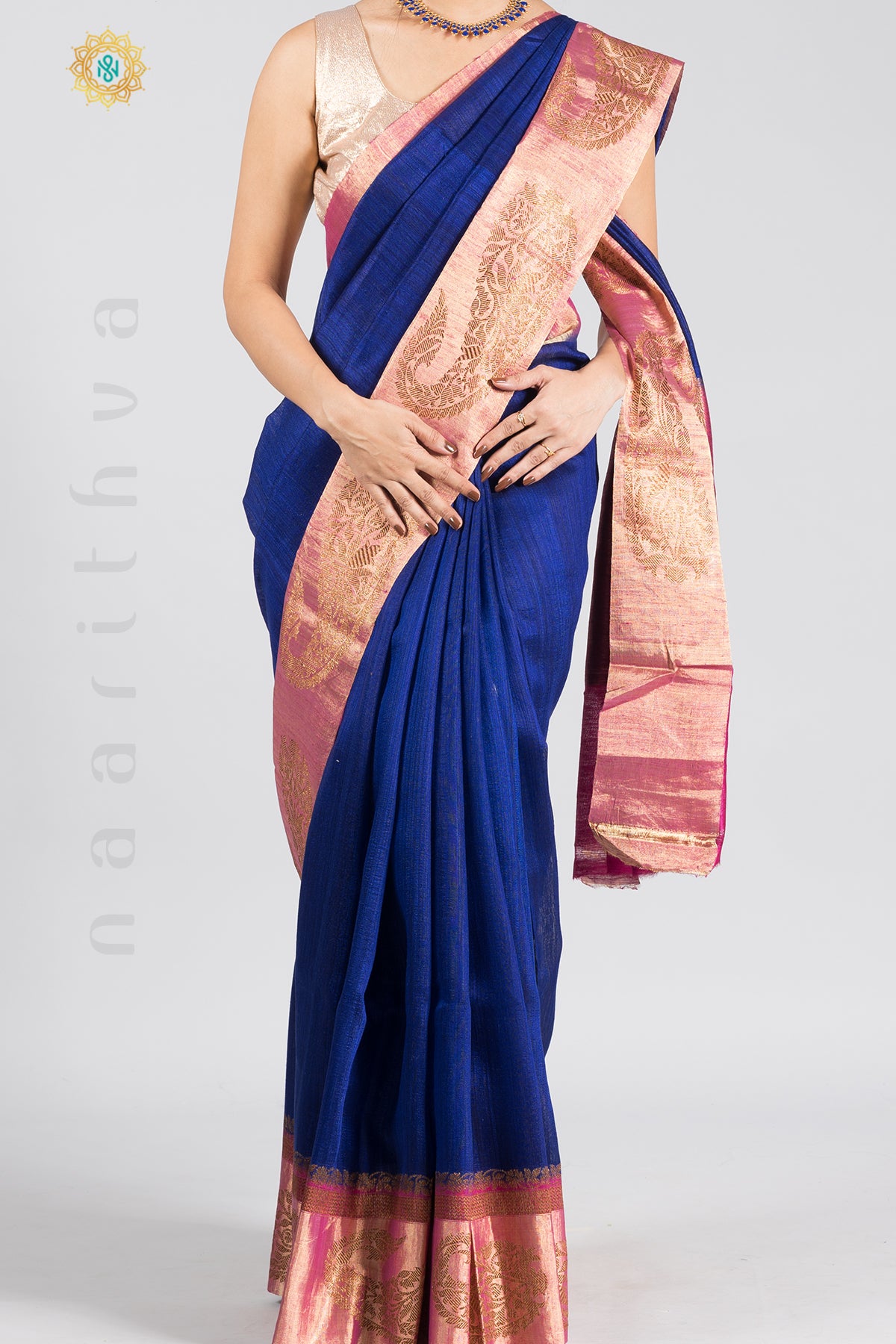 BLUE WITH PINK - PURE TUSSAR SILK WITH CONTRAST WOVEN BORDER & BLOUSE