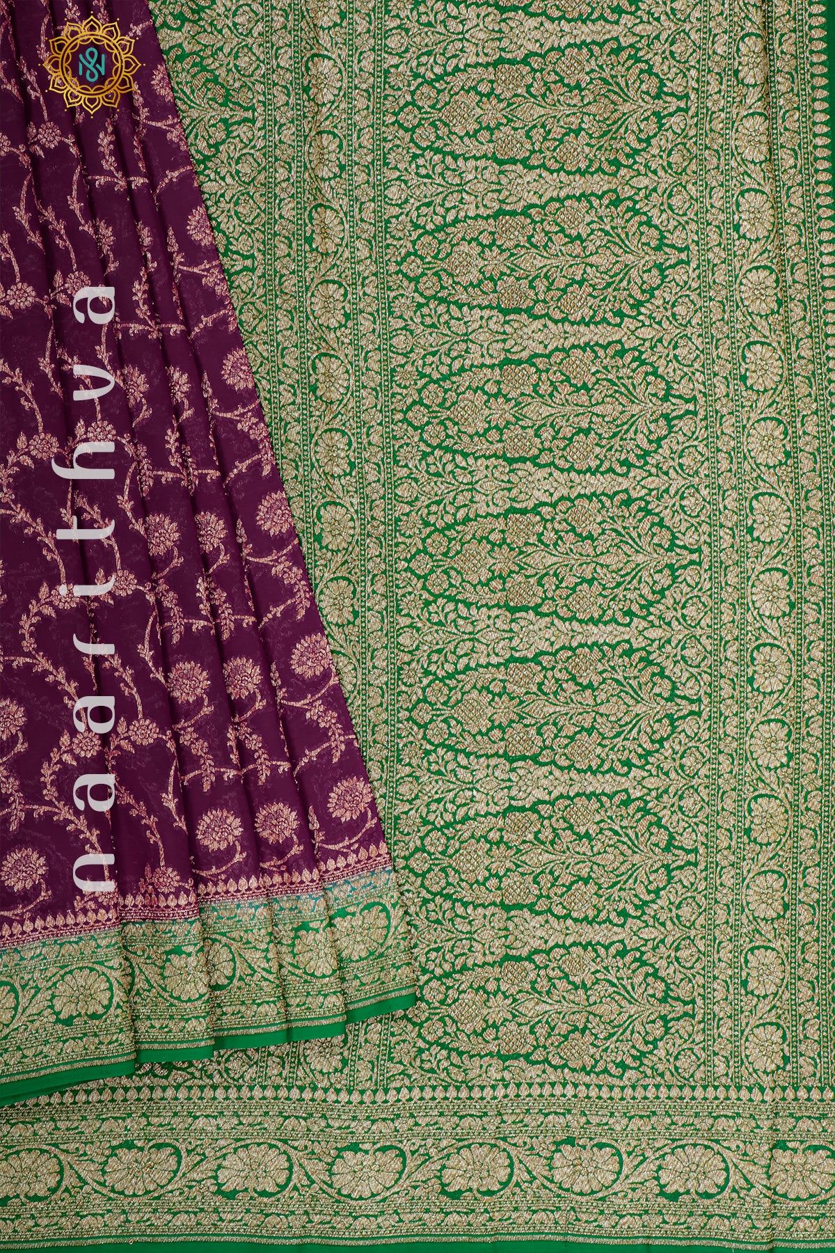 WINE WITH GREEN - PURE HANDLOOM KHADDI GEORGETTE BANARAS