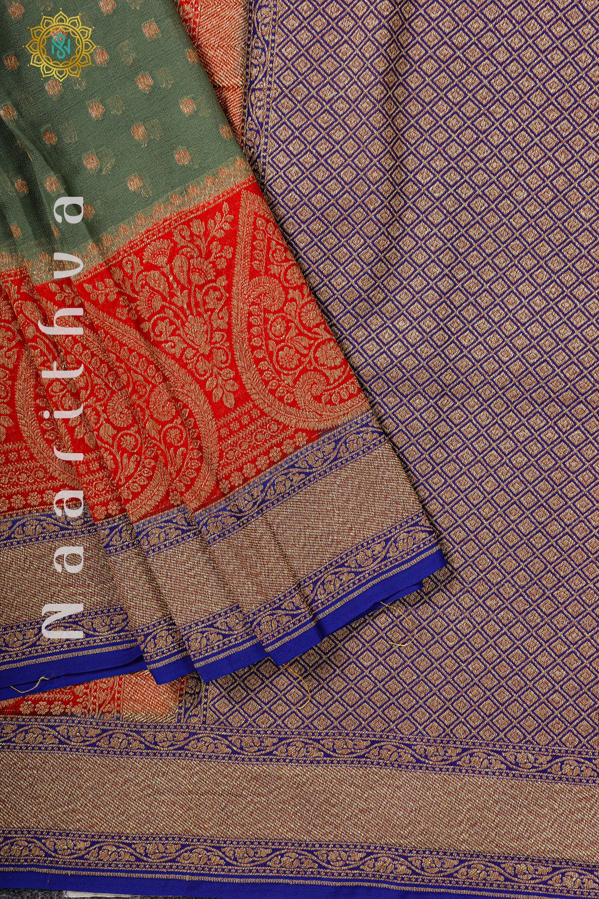 PALE GREEN WITH RED & BLUE - PURE HANDLOOM KHADDI GEORGETTE BANARAS