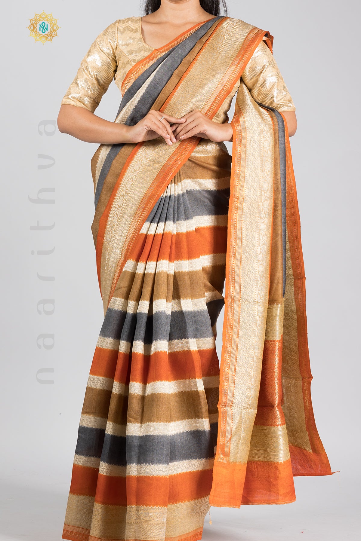 RANGKAAT - PURE TUSSAR SILK IN STRIPES PATTERN WITH ZARI WOVEN CONTRAST BORDER AND WOVEN CONTRAST BLOUSE