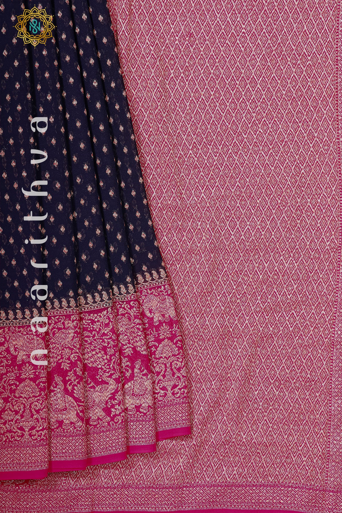 NAVY BLUE WITH PINK - PURE HANDLOOM KHADDI GEORGETTE BANARAS