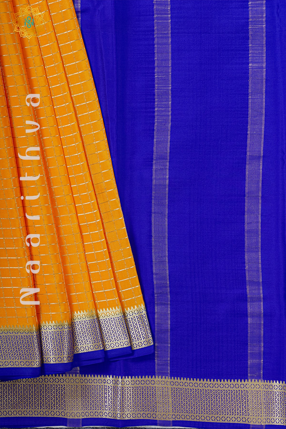 ORANGE WITH BLUE - PURE MYSORE CREPE SILK