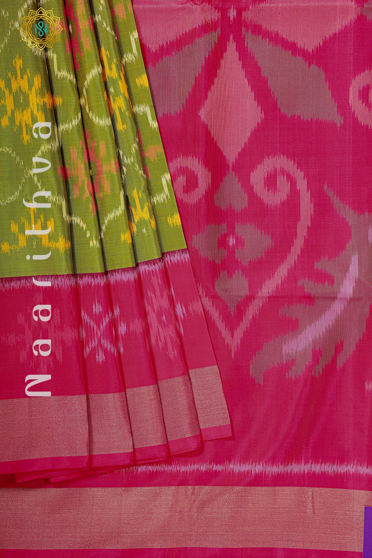 GREEN WITH PINK - PURE IKAT SOFT SILK
