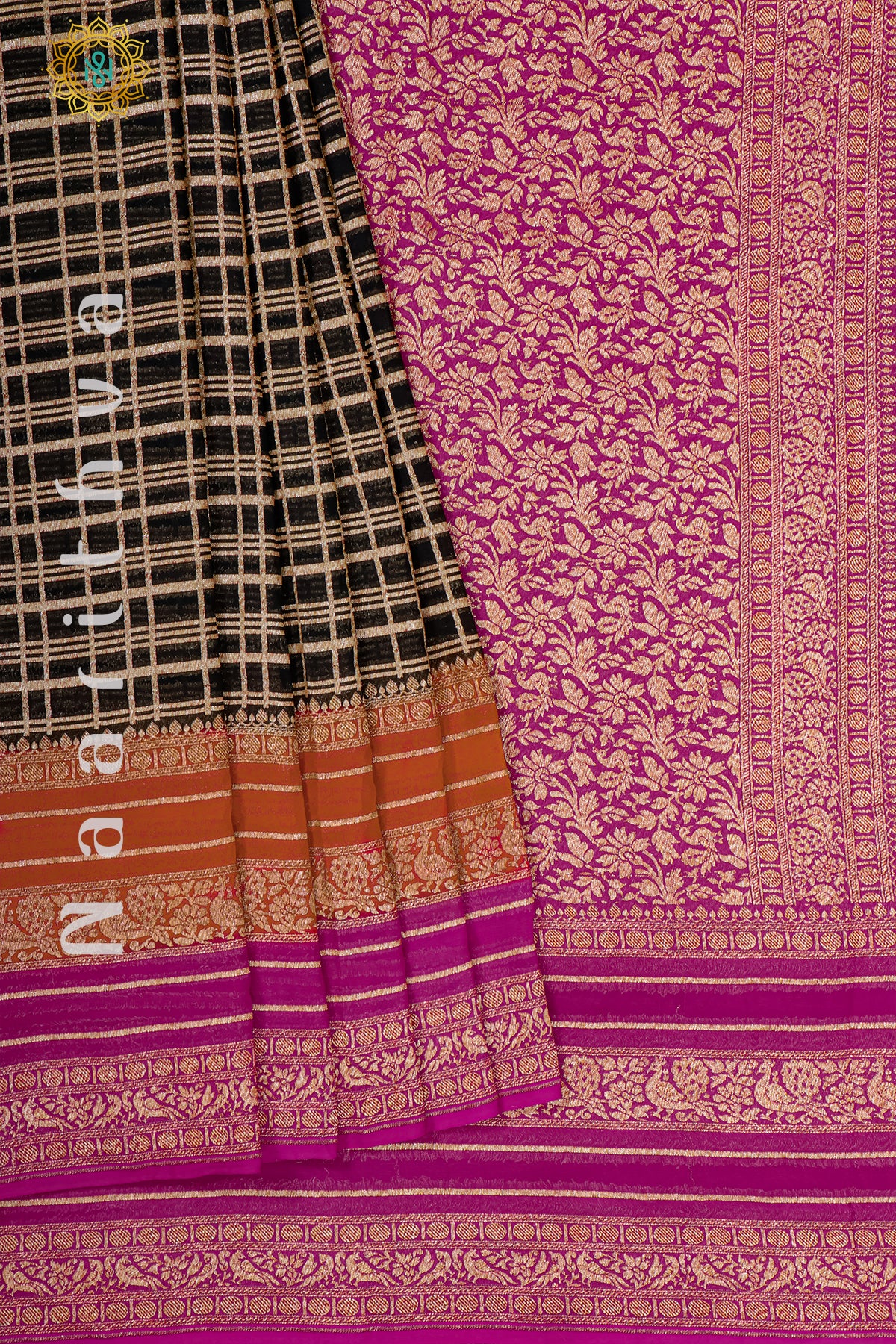 BLACK WITH ORANGE & PINK - PURE HANDLOOM KHADDI GEORGETTE