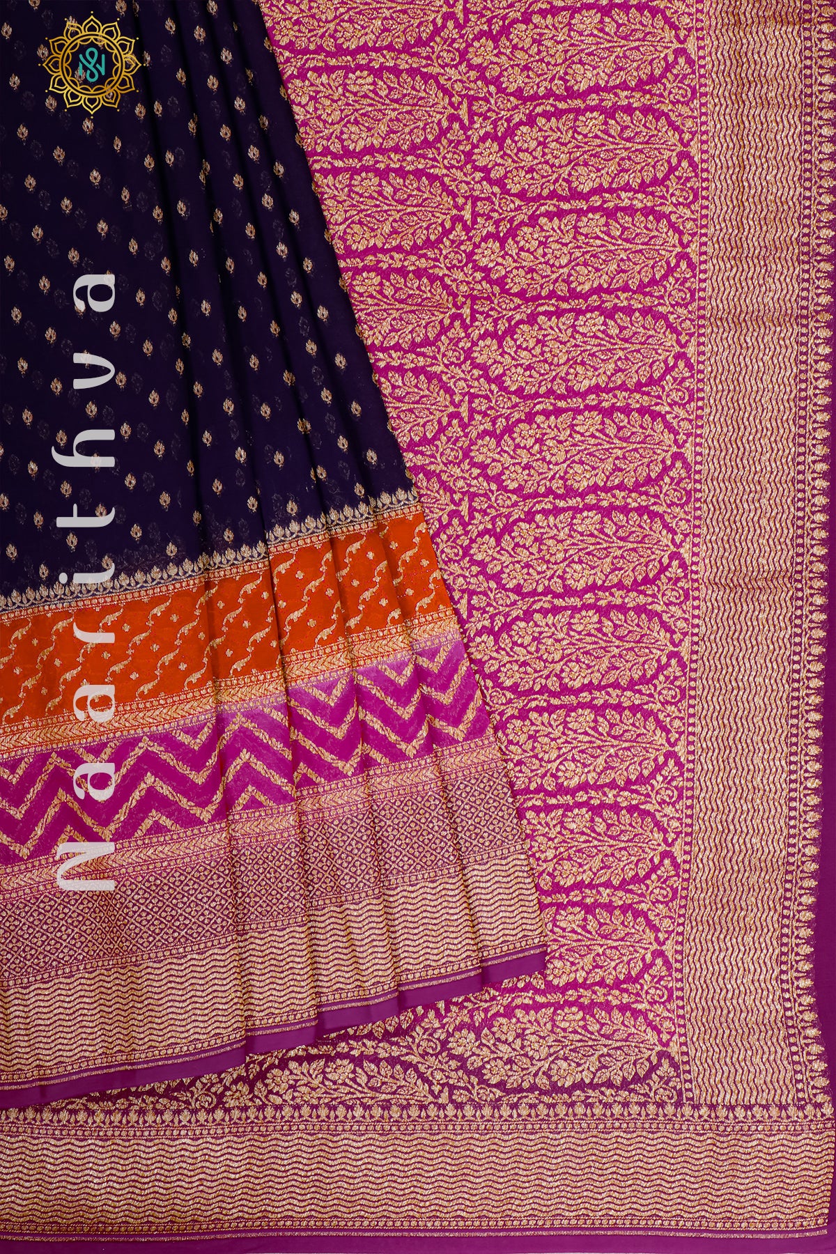 NAVY BLUE WITH RED, PINK & WINE - PURE HANDLOOM KHADDI GEORGETTE