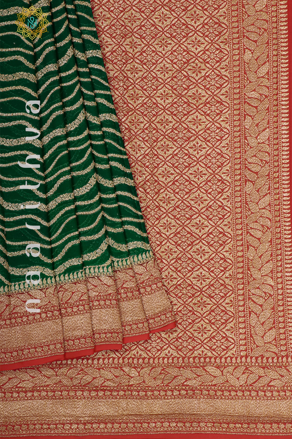 GREEN WITH RED - PURE HANDLOOM KHADDI GEORGETTE BANARAS