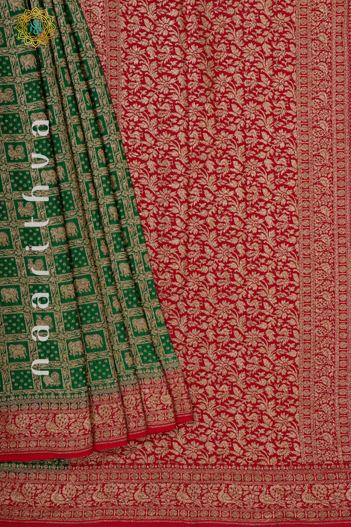 GREEN WITH RED - PURE HANDLOOM KHADDI GEORGETTE BANARAS