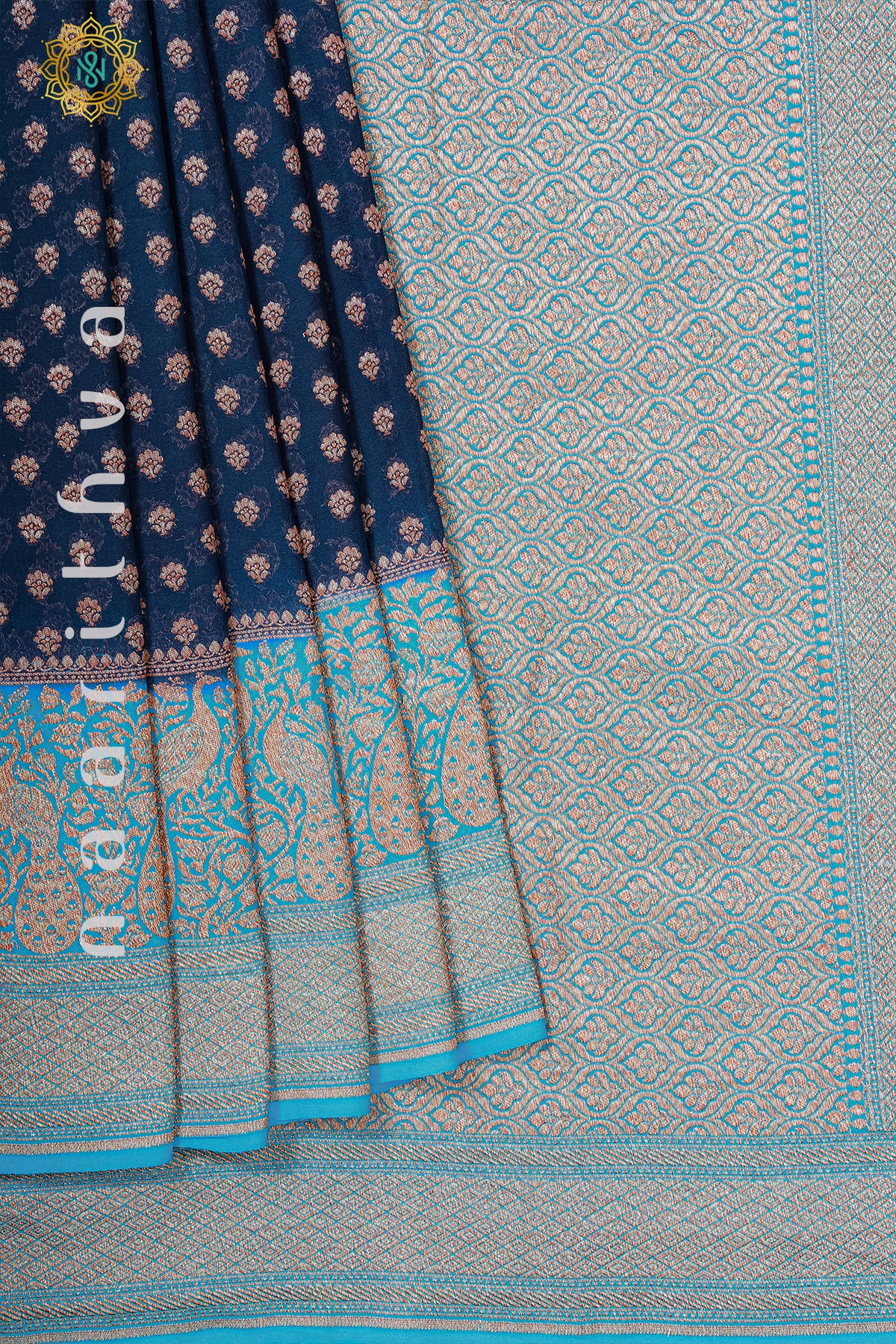 NAVY BLUE WITH SKY BLUE - PURE HANDLOOM KHADDI GEORGETTE BANARAS