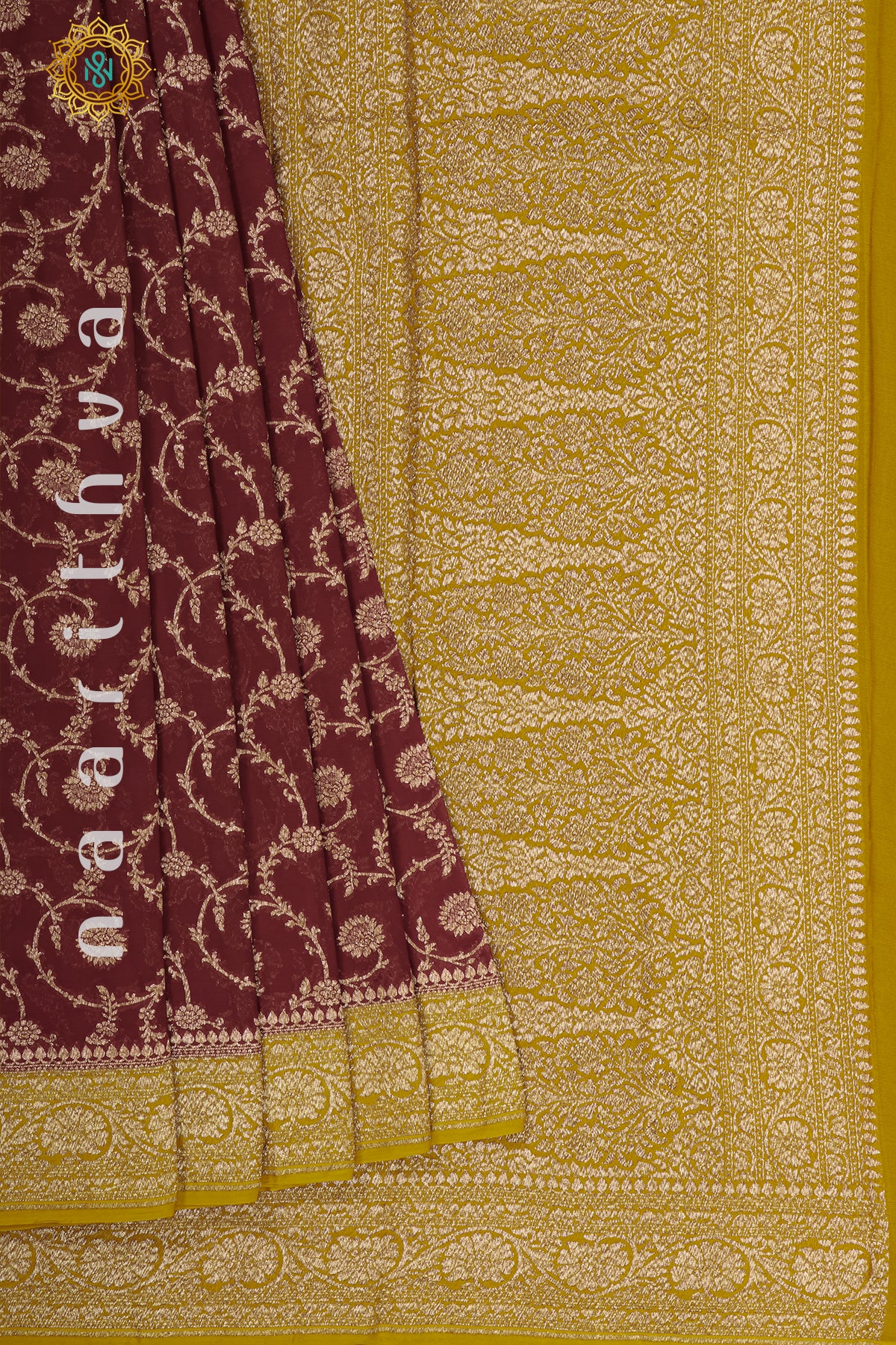 MAROON WITH MUSTARD - PURE HANDLOOM KHADDI GEORGETTE BANARAS