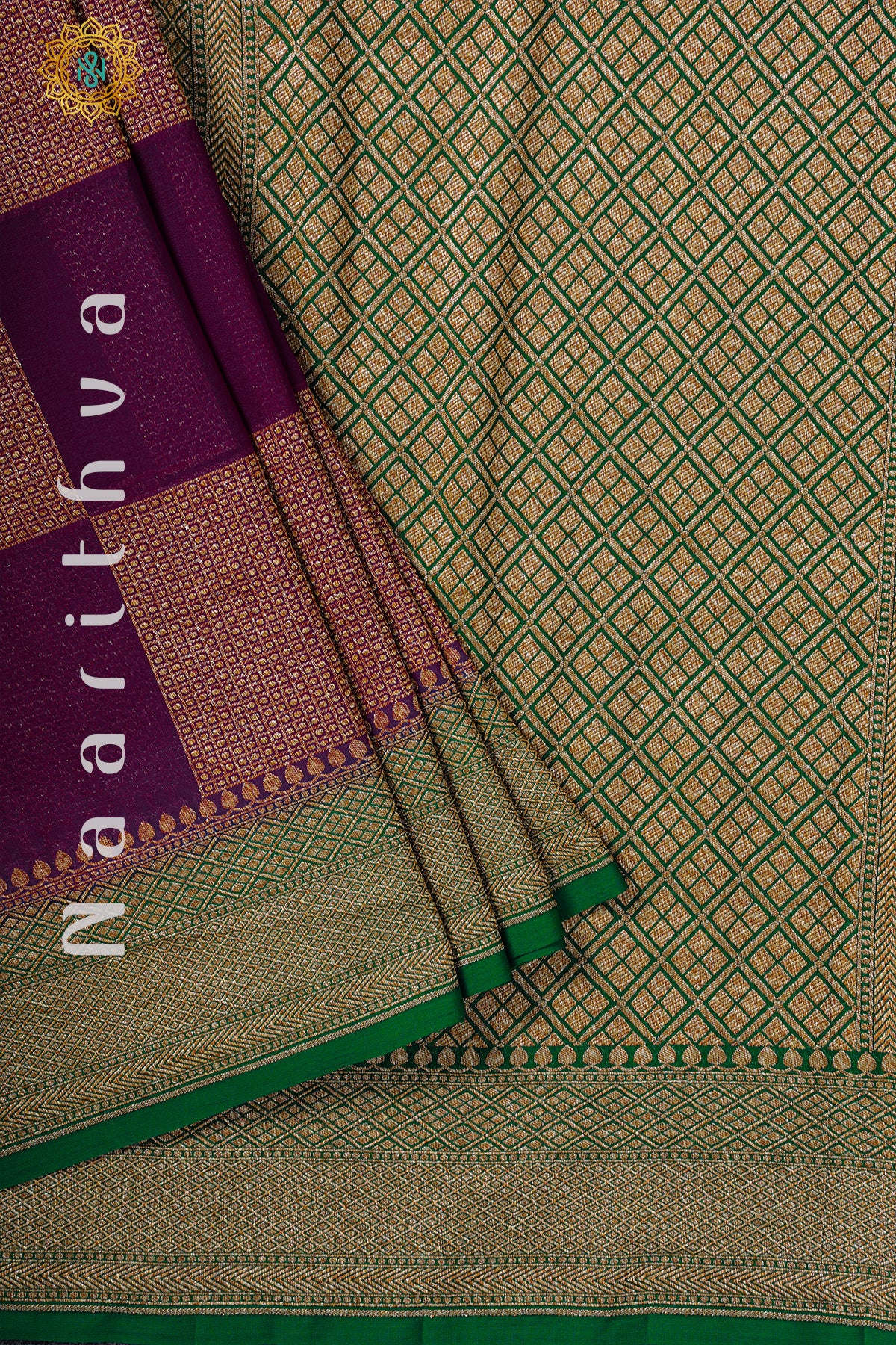 PURPLE WITH GREEN - PURE HANDLOOM KHADDI GEORGETTE BANARAS