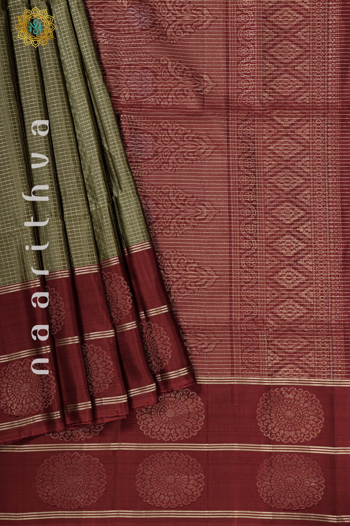 OLIVE GREEN WITH MAROON - PURE KANJIVARAM SOFT SILK